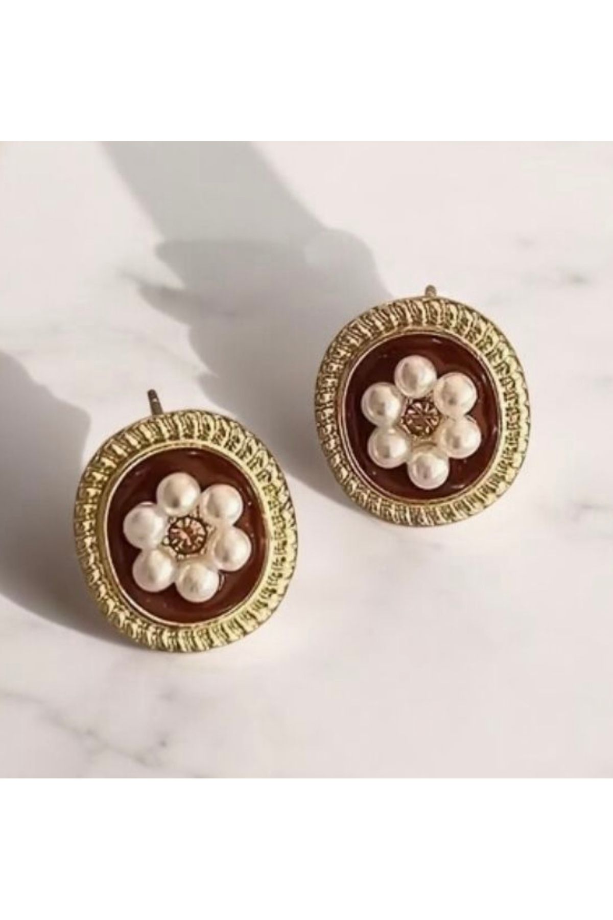 Mayda accessorises İnci Detaylı Bordo Çiçek Küpe