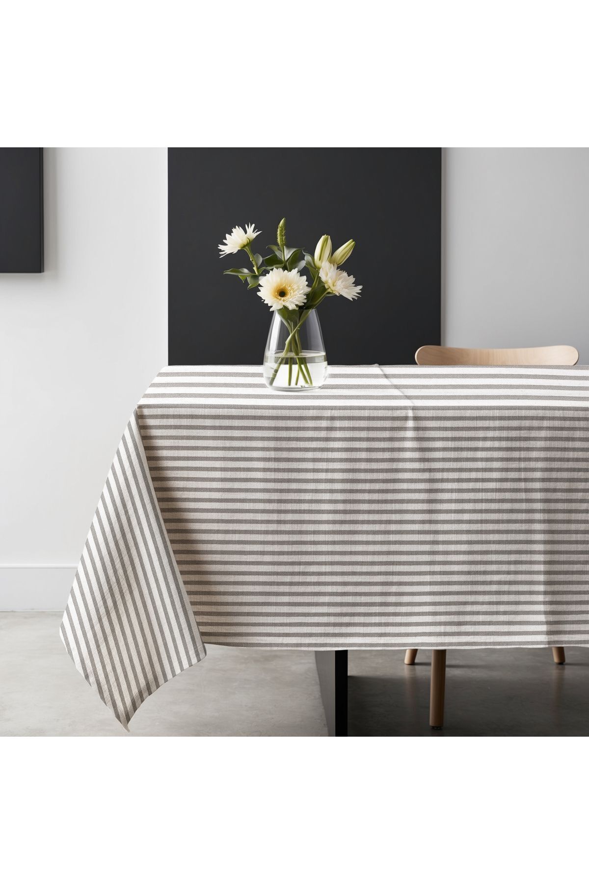 Sister Home Design Gri Çizgili Keten Masa Örtüsü