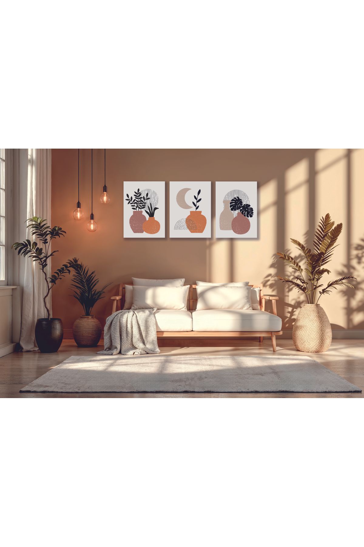 FUBE HOME Bohem Tarzı Üçlü Vazo ve Bitki Temalı Duvar Tablo Seti – 3 Parça