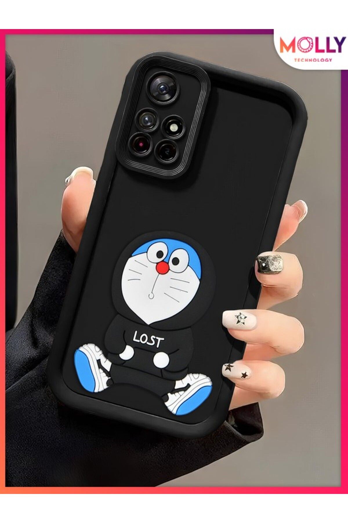 Molly Xiaomi Redmi 10 2022 İçin Siyah Kenarları Kalın 3d Kabartmalı Doraemon Silikon Kılıf