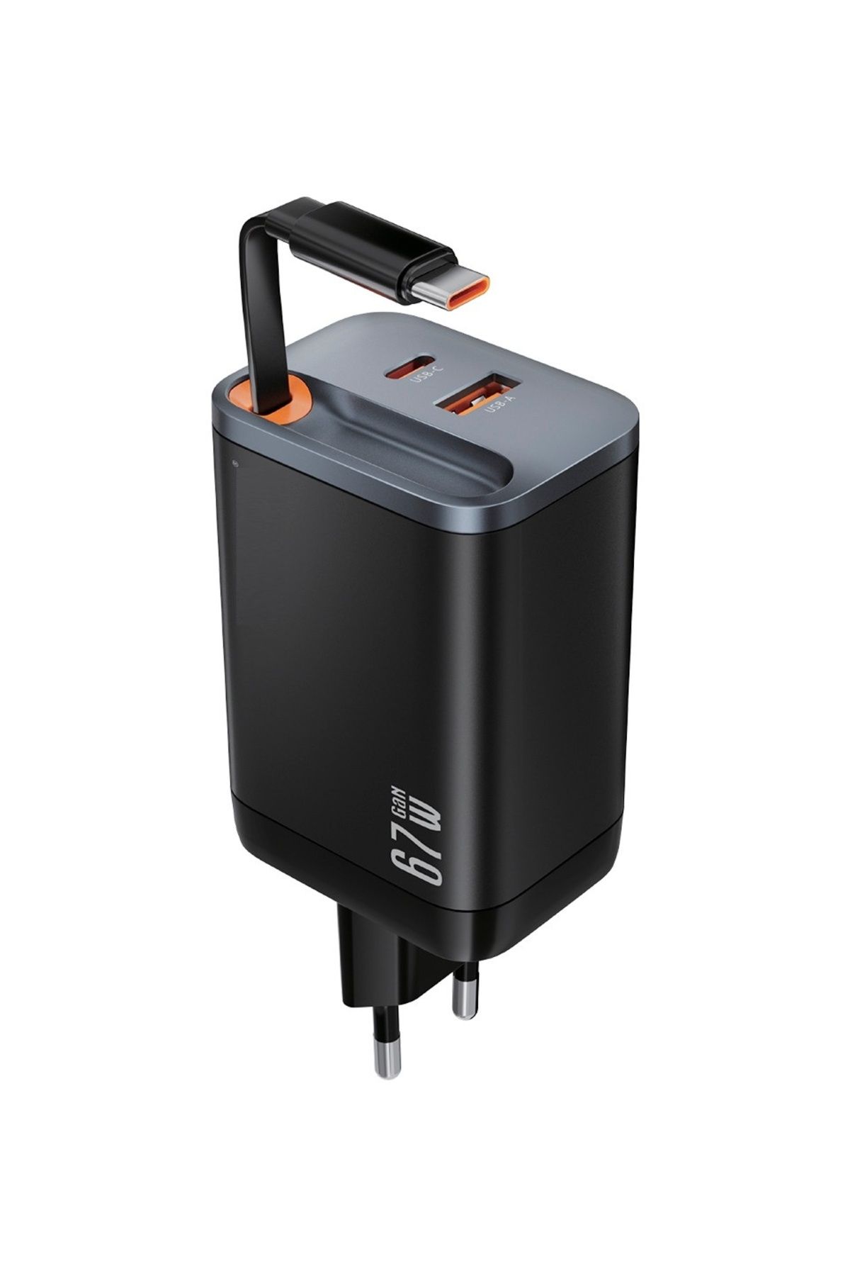 EN SİGA 67W Hızlı Şarj Adaptörü Dahili Retractable Usb-C Kablo + Usb-A Çıkış Telefon Tablet ve Laptop Uyumlu