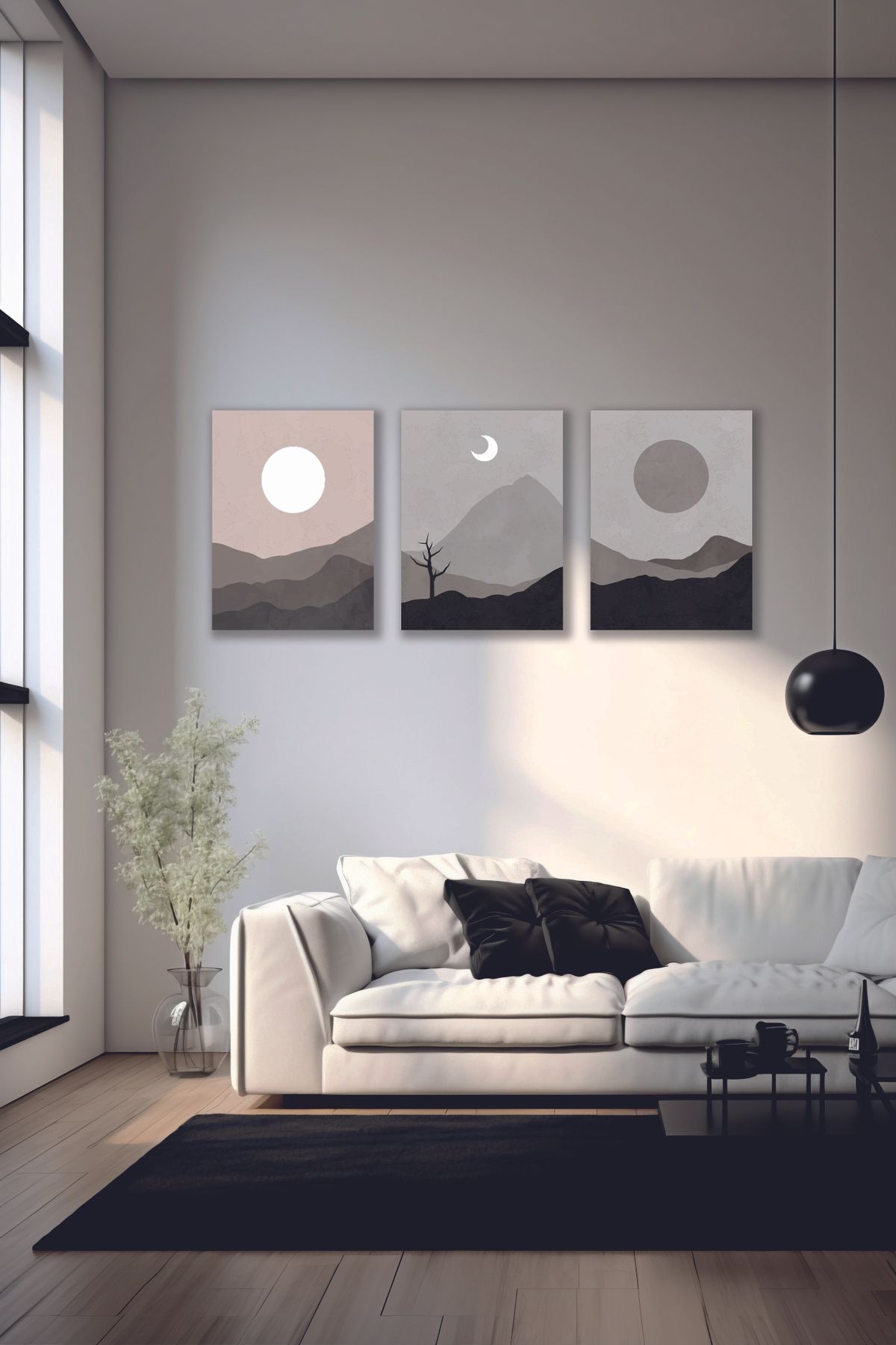 FUBE HOME Gün-Ay-Gölge Temalı Minimalist Üçlü Dağ Manzaralı Tablo Seti - 3 Parça