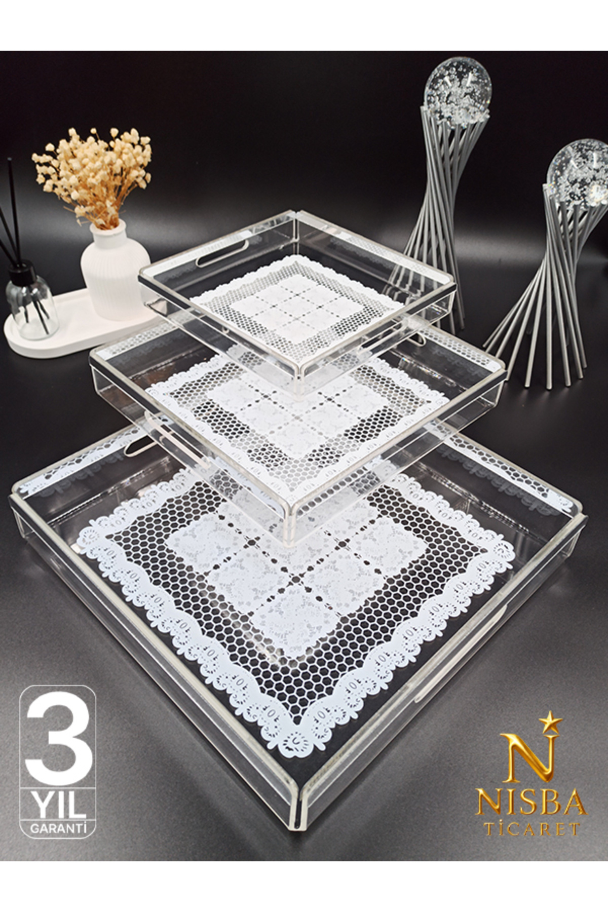 Nisba Ticaret Üçlü Gümüş Dantelli Pleksi Tepsi Seti | Söz & Nişan Sunum Tepsisi | 3 Yıl Garantili