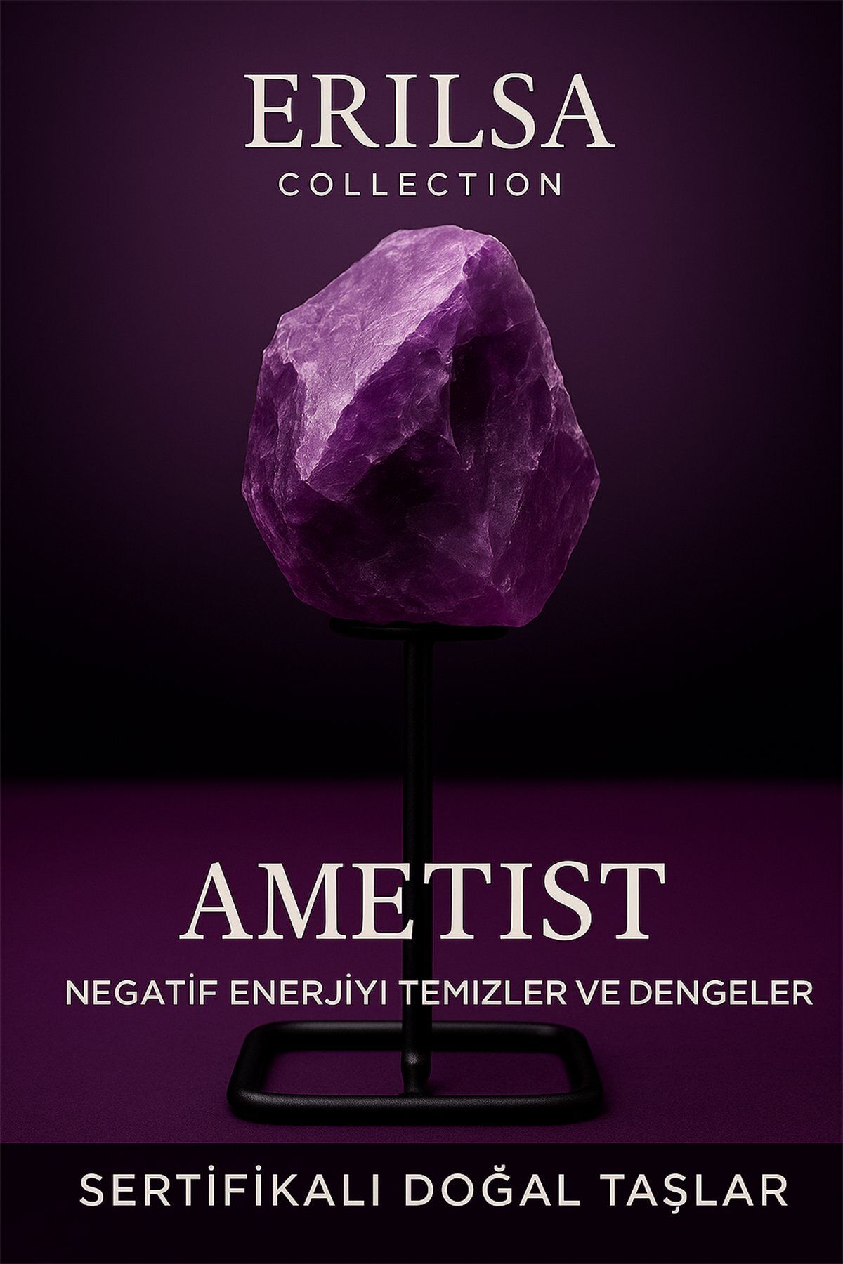 Erilsa Sertifikalı Doğal Ham Ametist Taşı Standlı Obje – Negatif Enerjiyi Temizler ve Ruhsal Denge Sağlar
