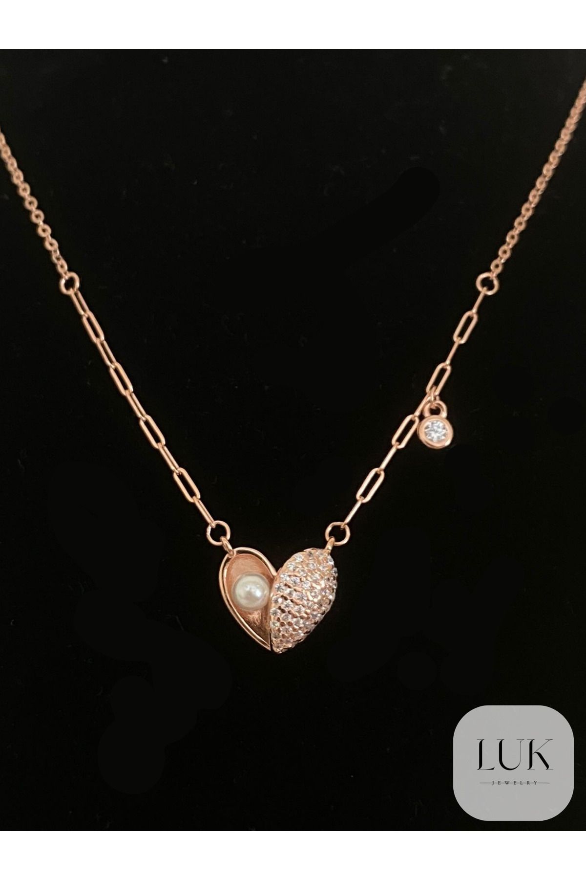 LUK JEWERLY 925 AYAR GÜMÜŞ KALPLİ İNCİLİ KOLYE