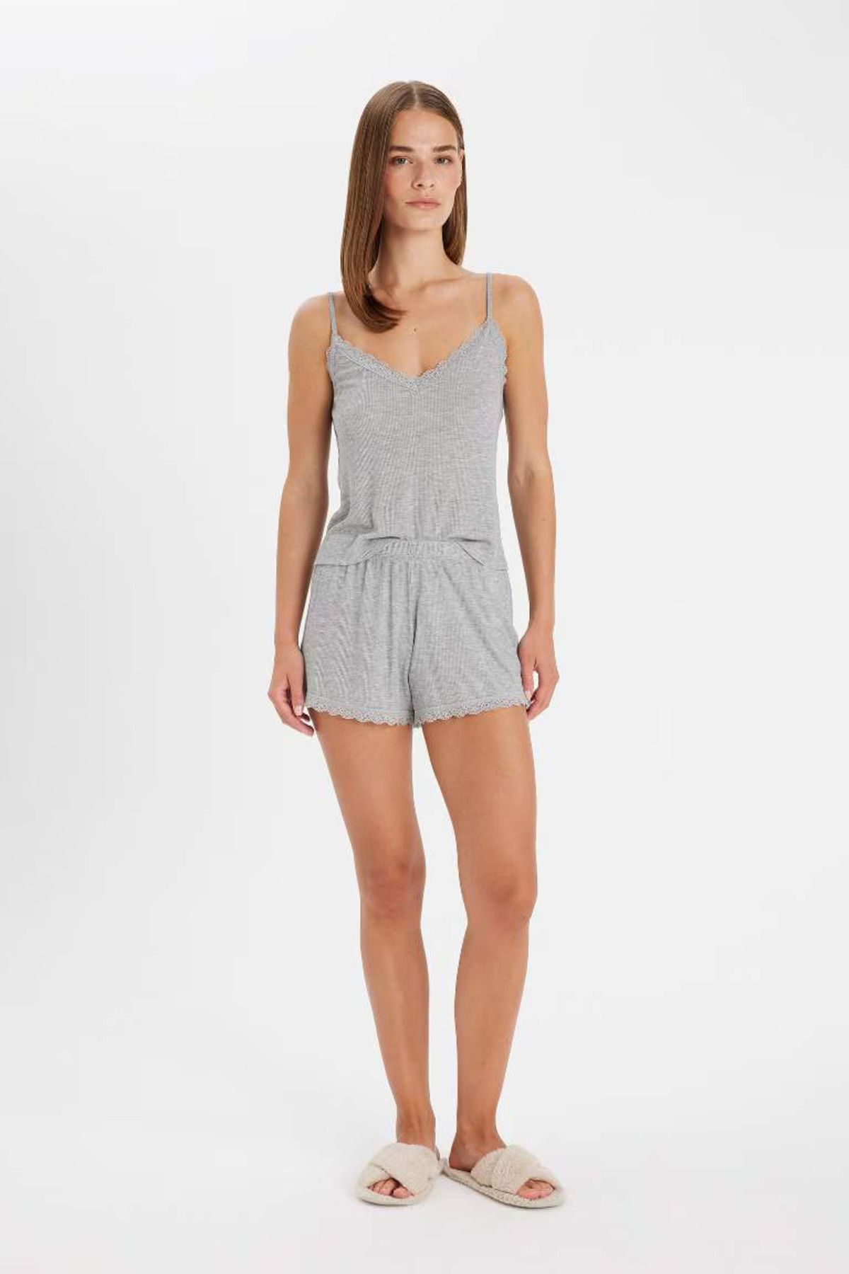 DeFacto Pijama Takım Ribana Askılı Üst Şort-Fall in Love