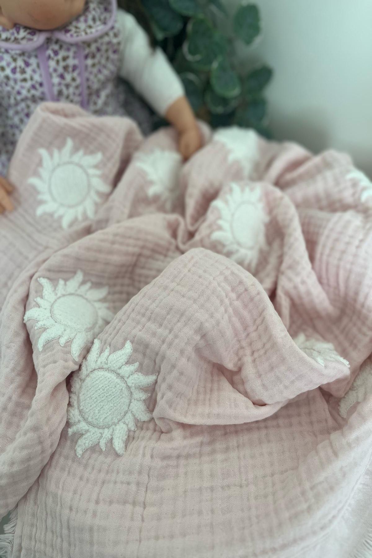 Abelia Baby Güneş desenli nakışlı 4 katlı müslin bebek battaniyesi %100 pamuk Organik Bebek Battaniyesi Pudra