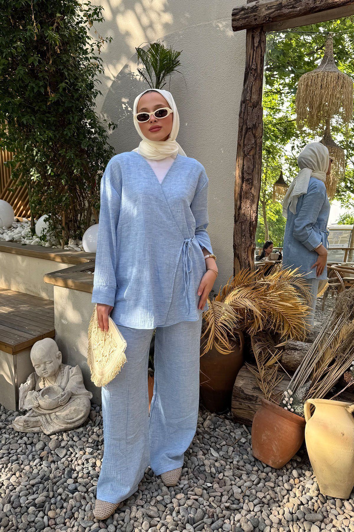 SİNDAL YANDAN BAGLAMALI KETEN TAKIM 9-51852 - MAVİ