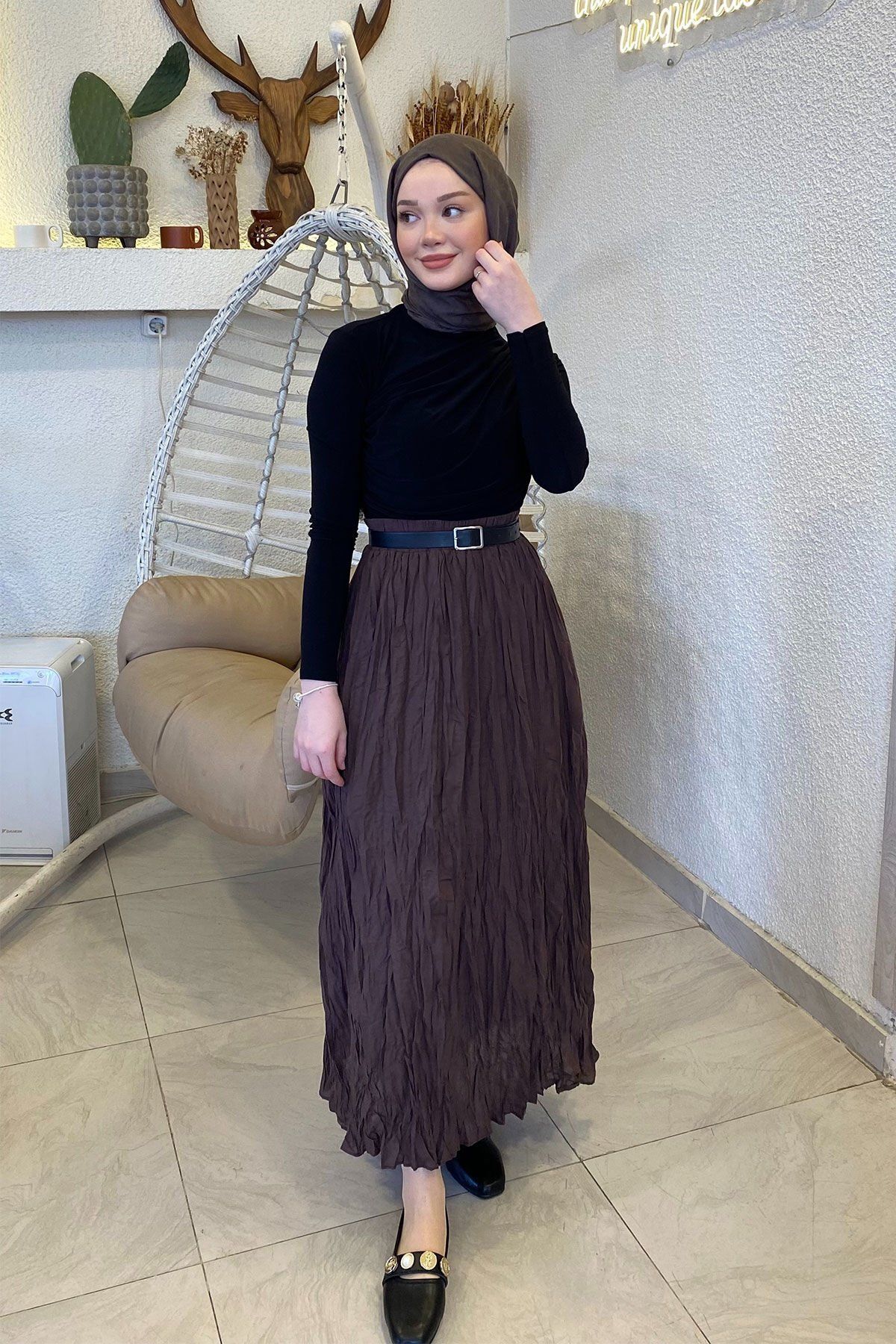 SİNDAL Kırışık Detaylı Etek 31-2237 - KAHVERENGİ
