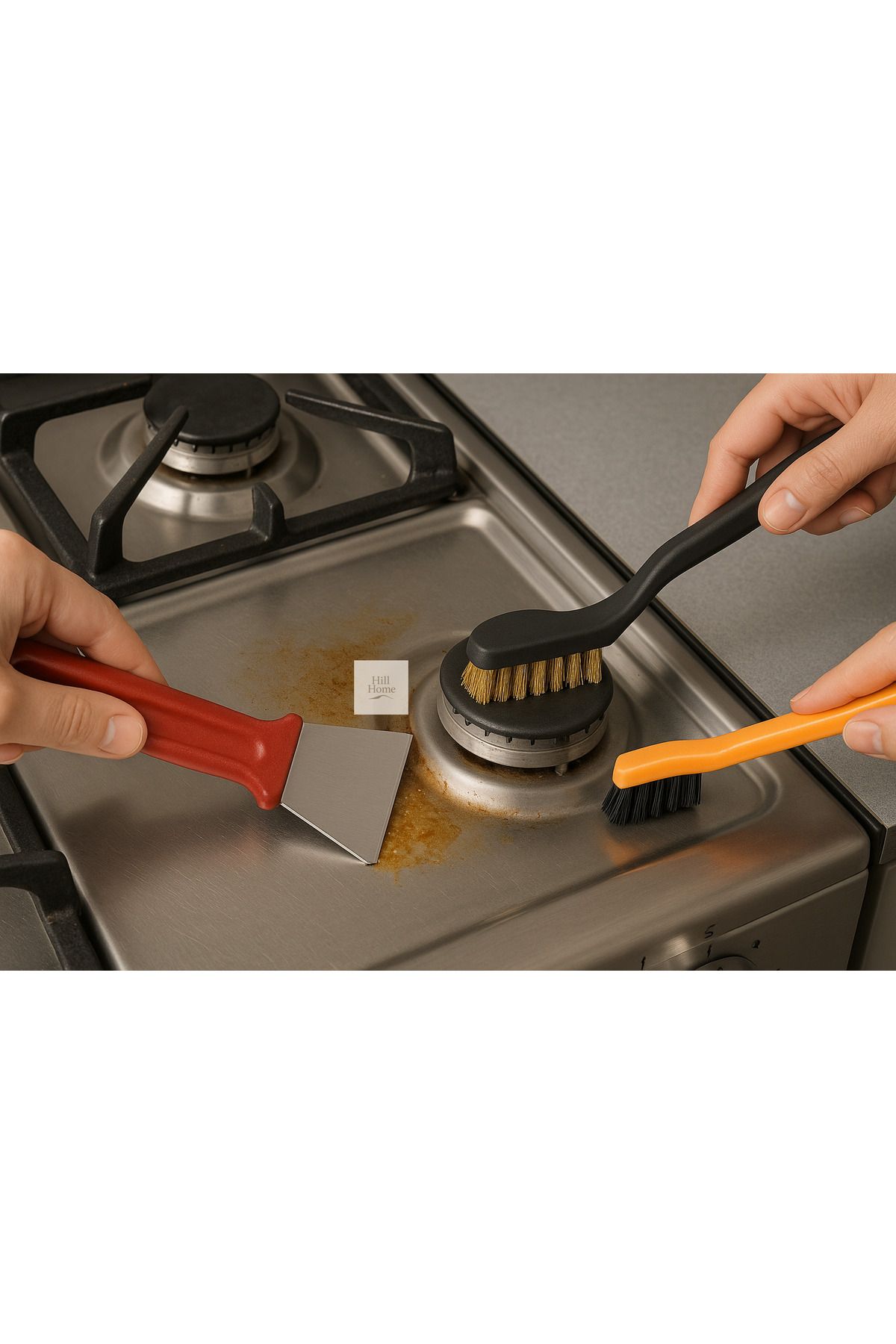 Hill Homes 3'lü Set Spatula Tel Fırça Çelik Ve Bakır Fırça Derz Lavabo Mutfak Oto Pas Kir Temizleyci