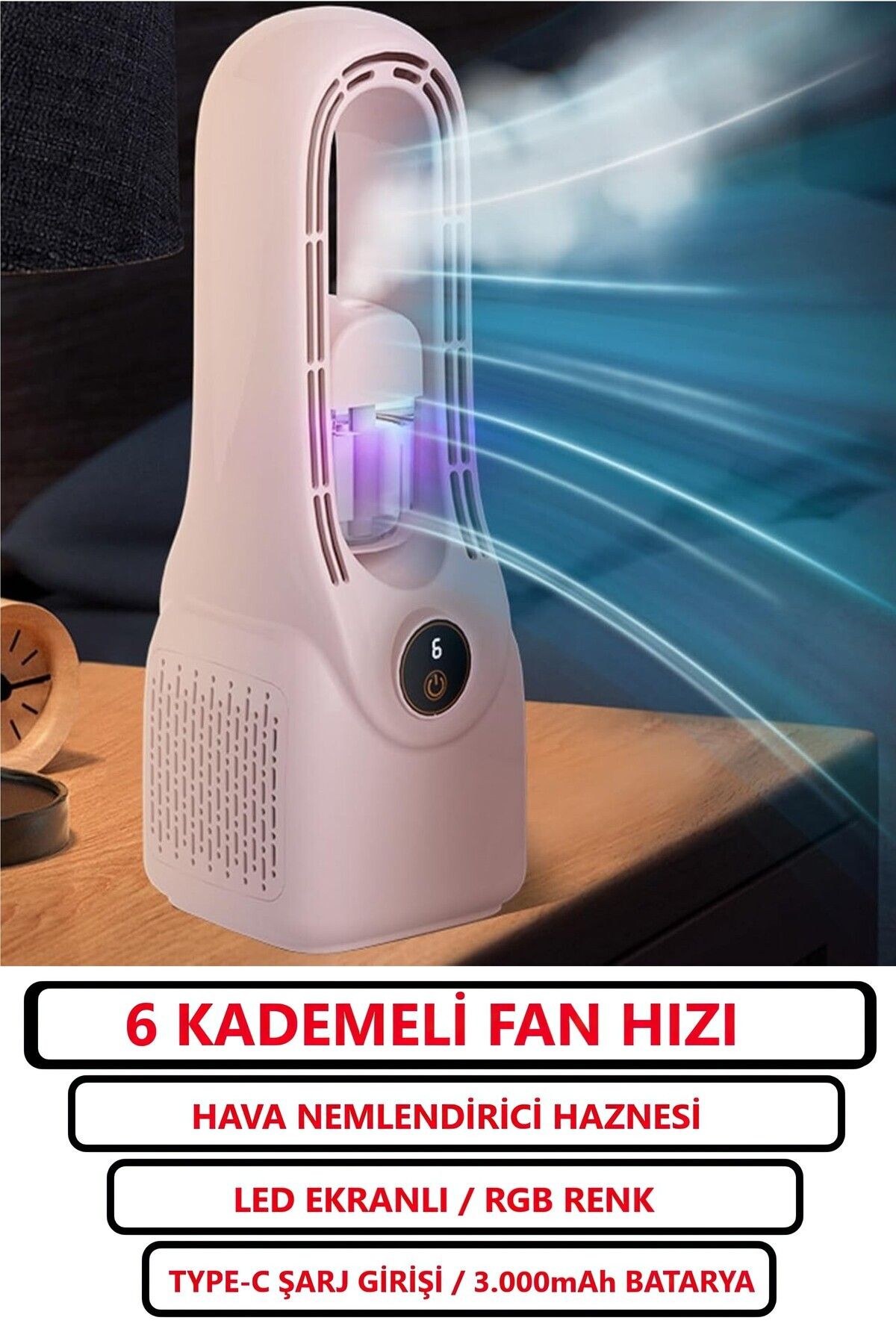 ROXİVA 6 Kademeli Fan Hızı / Ultrasonik Nemlendirici Renkli ışıklı Hazne / 3.000mAh batarya/Vantilatör/Fan