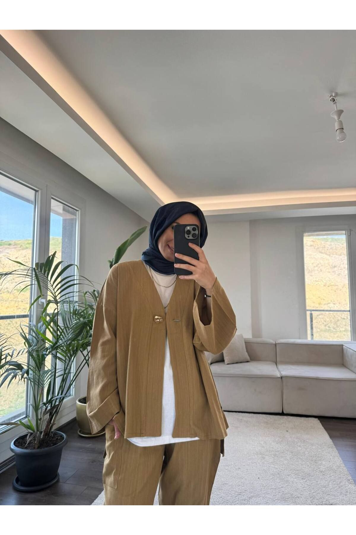 Suede Style 5797 - Tek Düğmeli Keten Rahat Şık Kadın Takımı