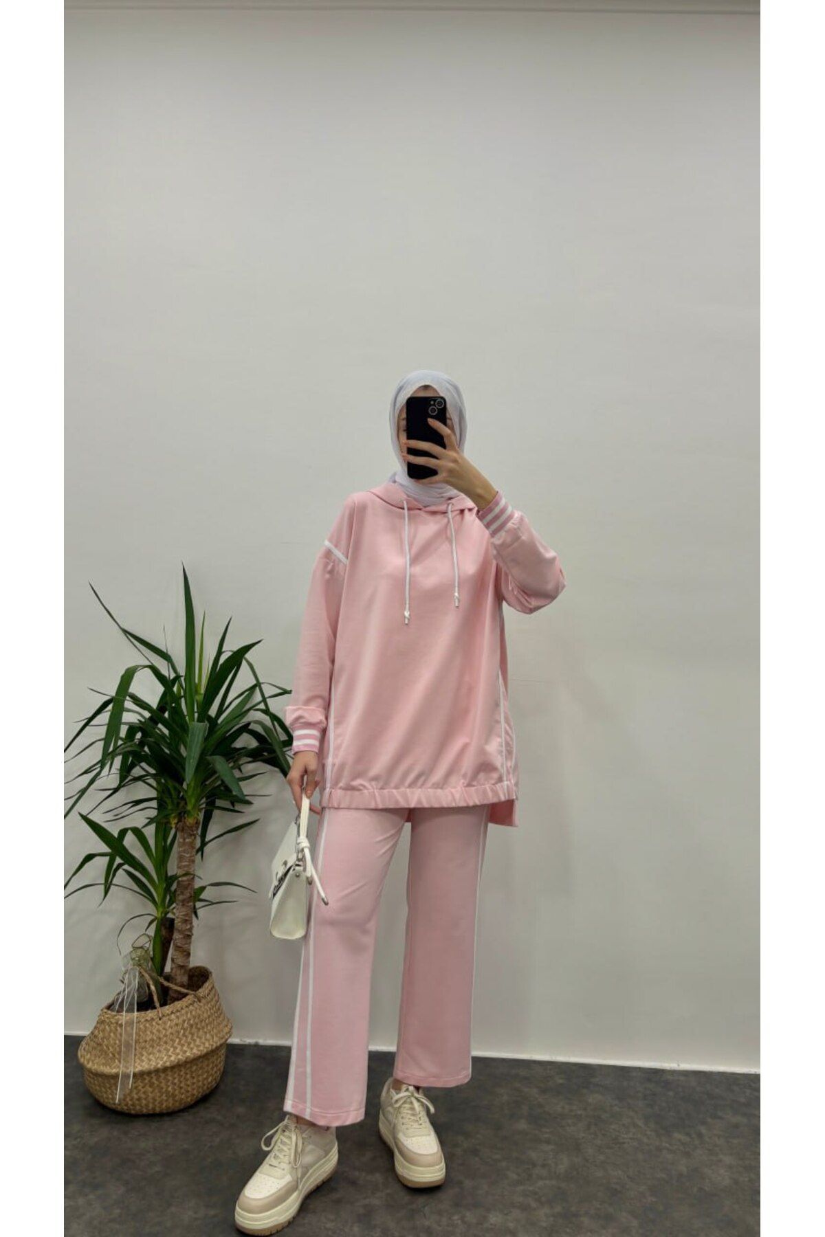 Suede Style 8682 - 2 İplik Balıksırtı Şeritli Rahat Şık Kadın Pantolon Sweat Takımı