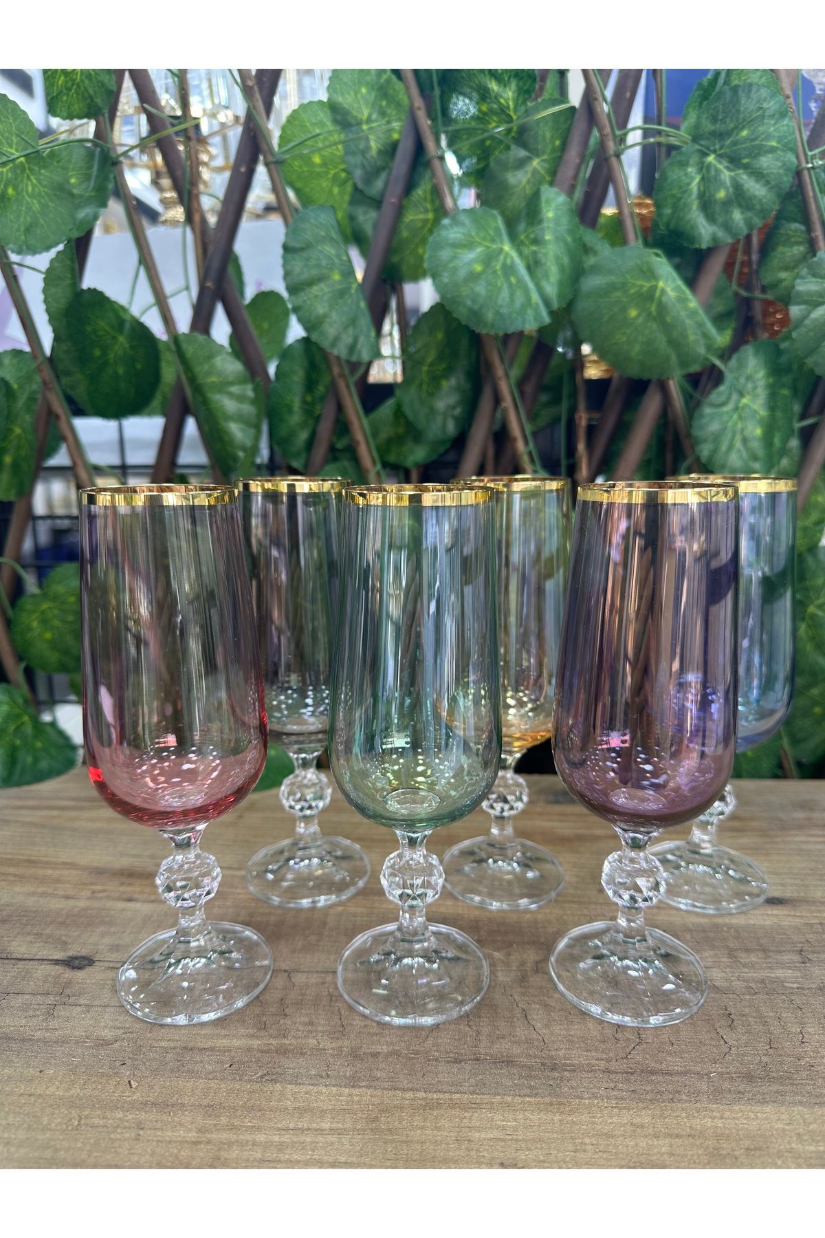 crystalex Altın Yaldızlı Renkli Şık Cam Kadeh (6’lı Set)
