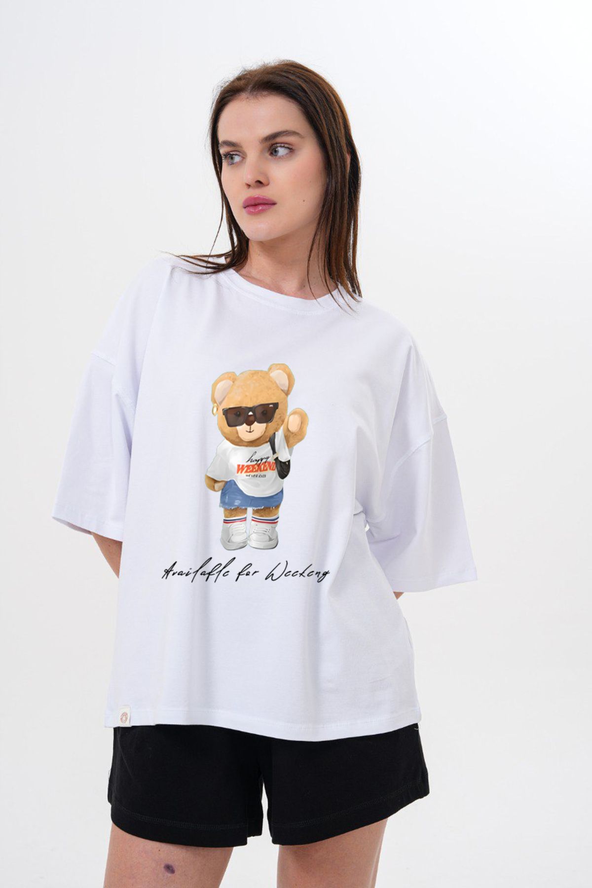 LOU MODA - KADIN AYI BASKILI PAMUKLU TSHIRT OVERSİZE BÜYÜK BEDEN