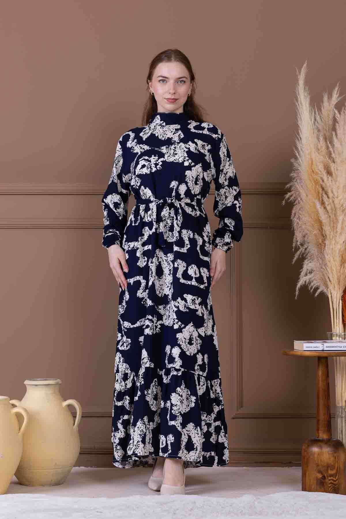 Meşe Moda Lacivert Desenli Elbise