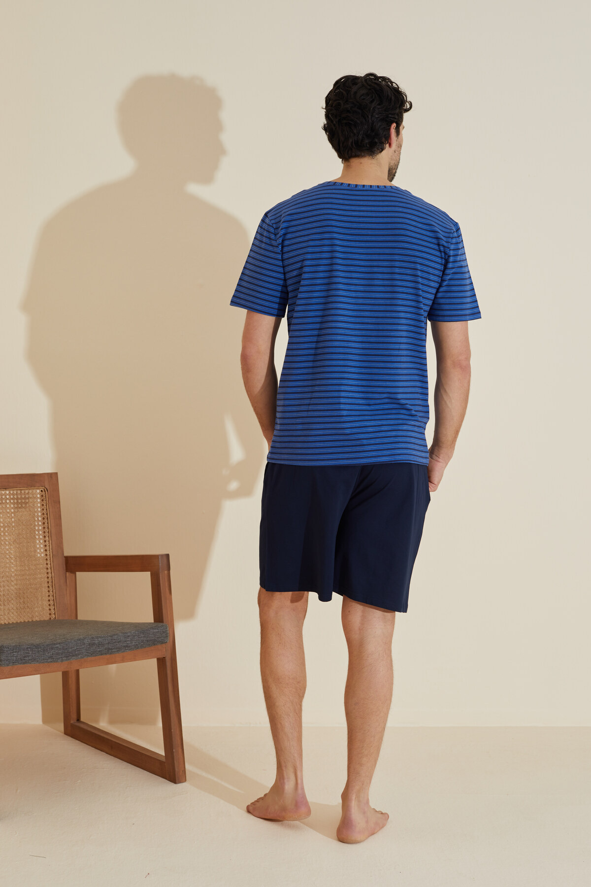 Siyah İnci  saks lacivert çizgi desenli Bisiklet Yaka Örme Şort Takım 25109640 - Görsel 3