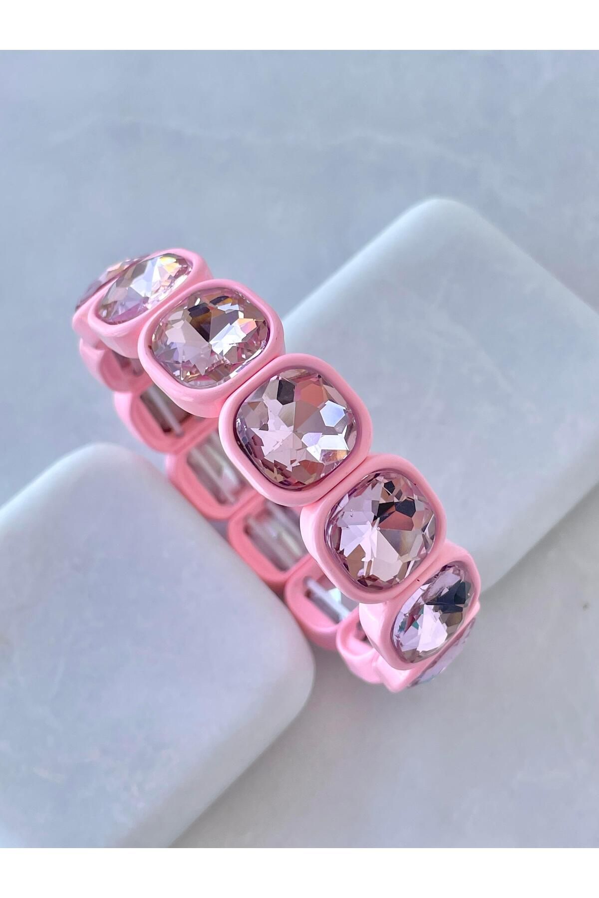 Seda Bijuteri Kristal Taşlı Porselen Bileklik Pembe