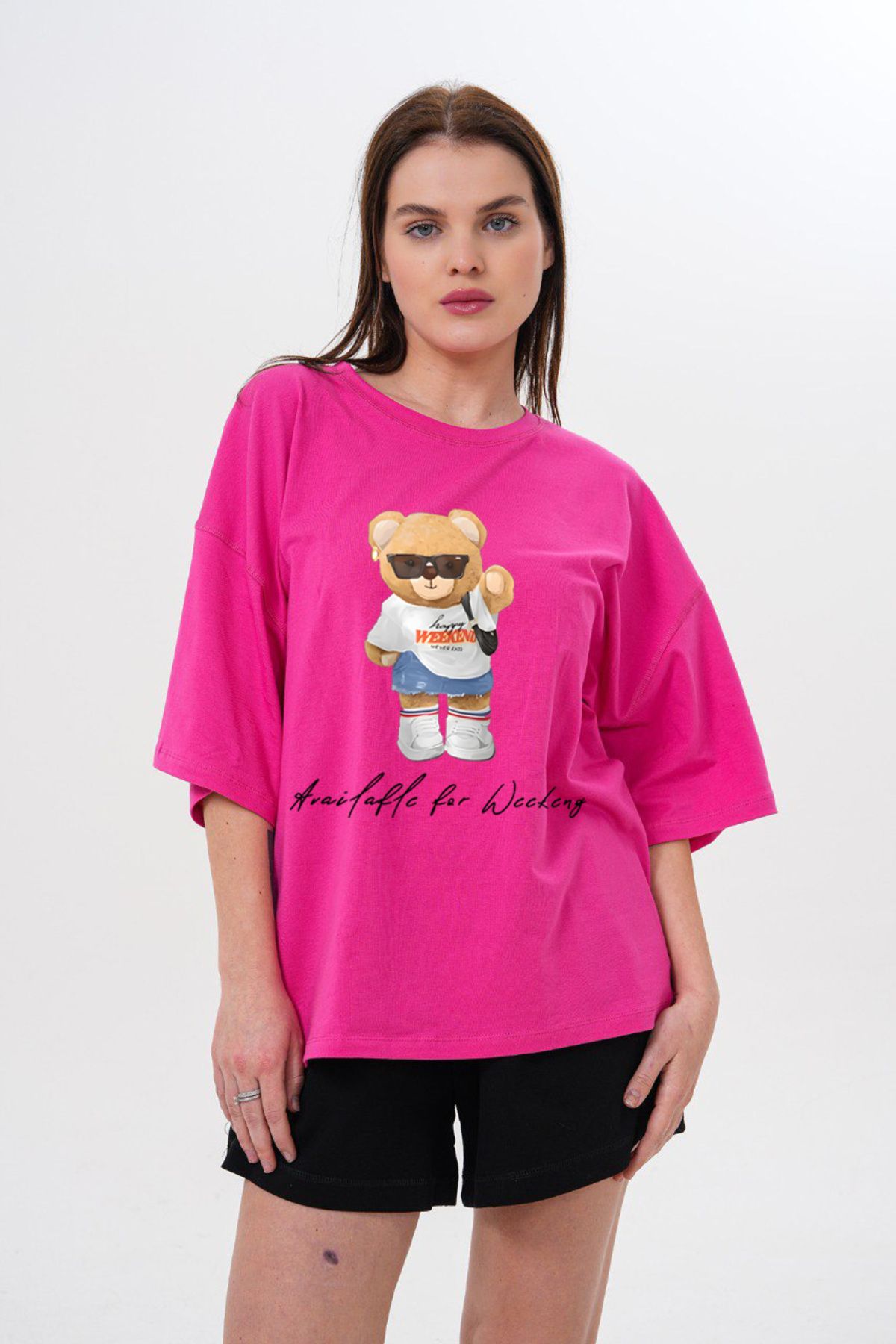 LOU MODA - KADIN AYI BASKILI PAMUKLU TSHIRT OVERSİZE BÜYÜK BEDEN