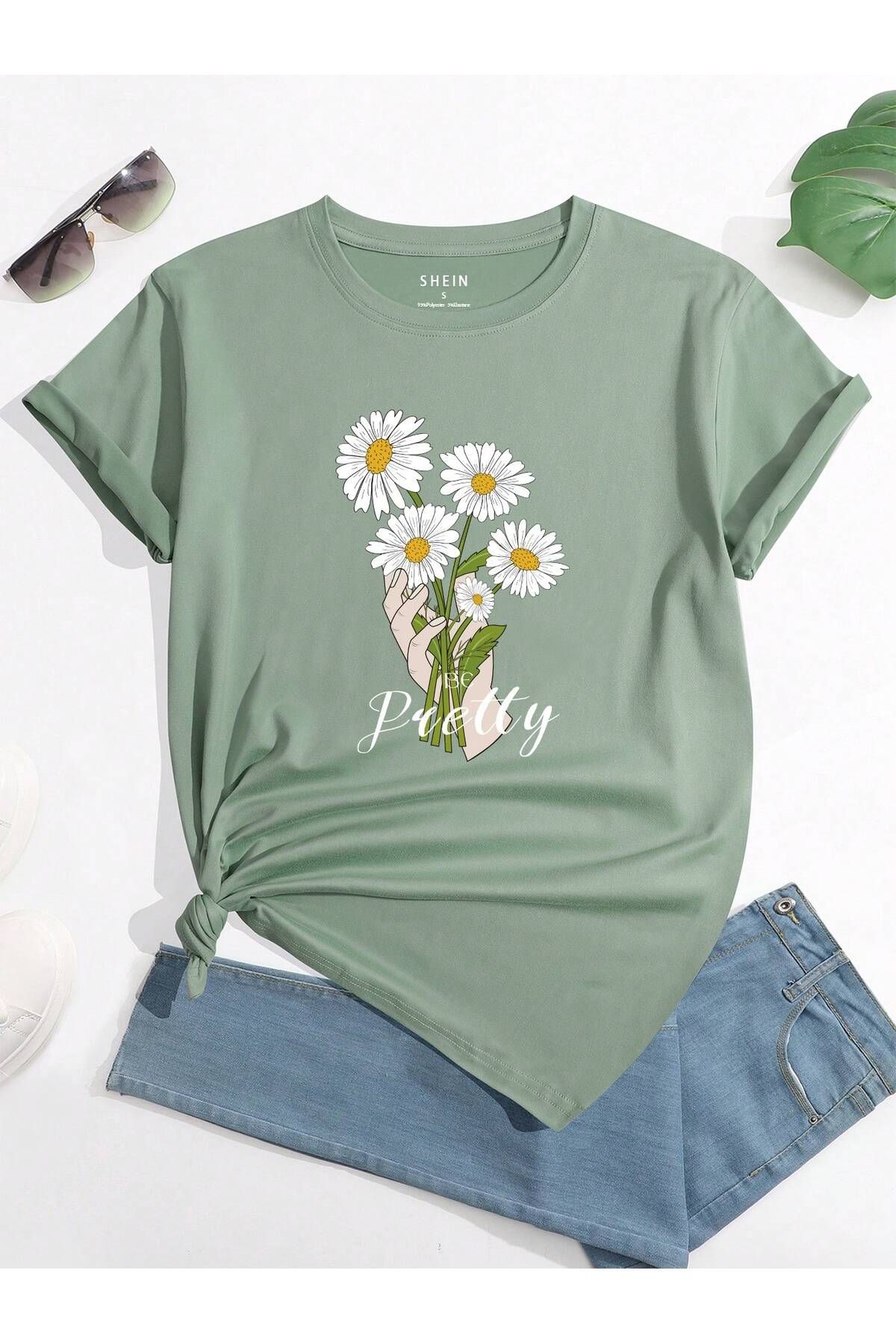 aynewmoda Normal kesim çiçek ve harf baskılı tişört