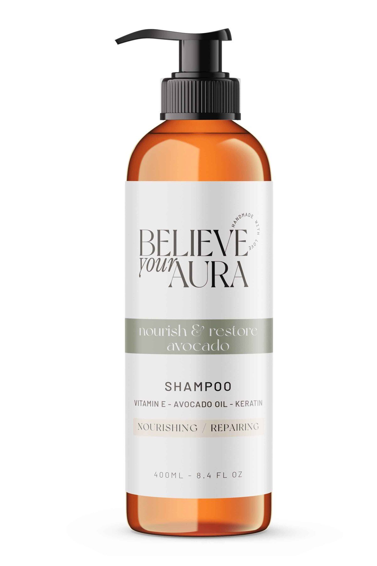 Believe Your Aura Avokado Yağı Şampuanı - E Vitamini Keratin %100 Doğal Besleyici Onarıcı Saç Bakım Şampuanı - 400 ml