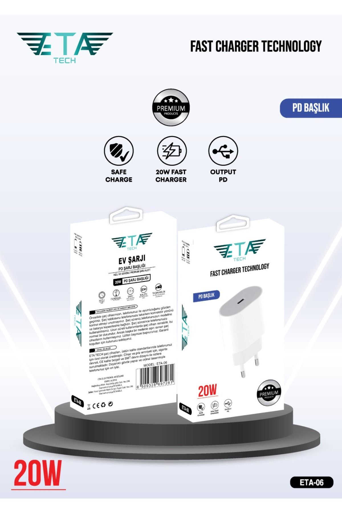 Eta Tech 20 Watt Typc-E Şarj Adaptörü Apple iPhone Samsung Uyumlu Yeni Nesil Usb-C