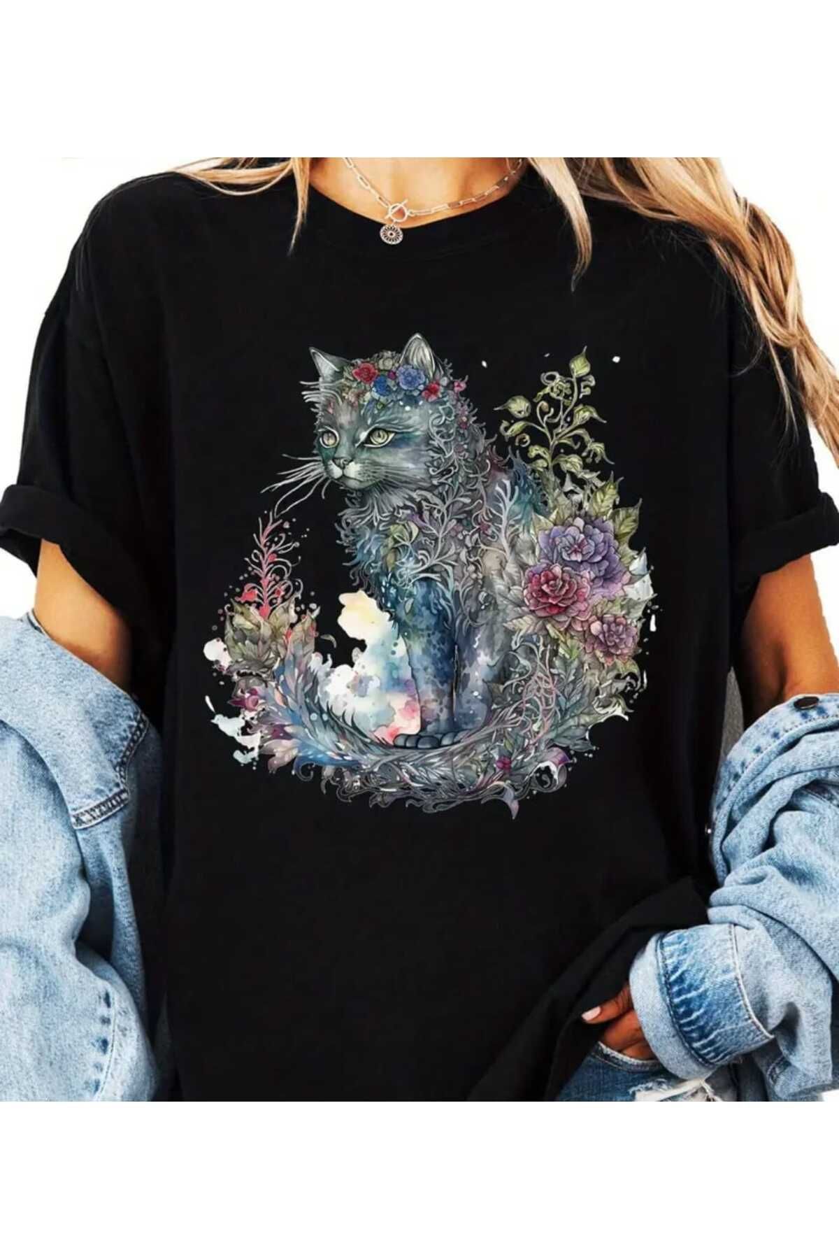 Panda Baskı Tekstil Çiçek Kedi Baskılı Özel Tasarım Oversize Tshirt