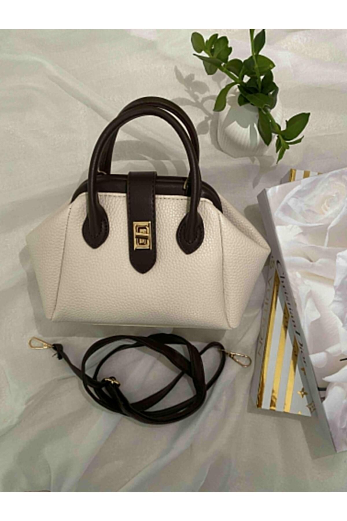 bag kadın kilit detaylı krem rengi el ve omuz çantası astarlı