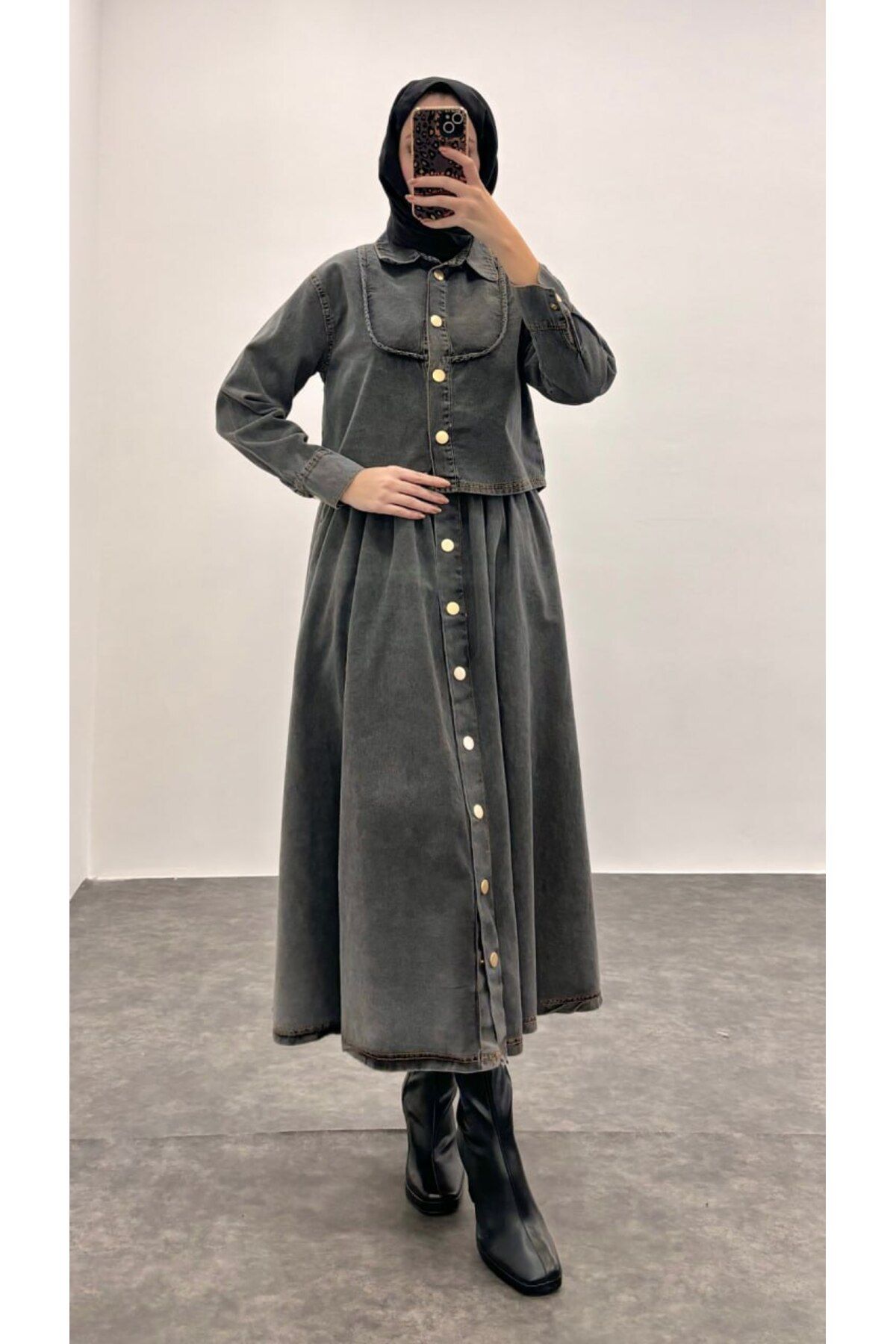 Suede Style 9196 - Şık Rahat Full Düğme Detaylı Kadın Kot Etek Gömlek Takımı