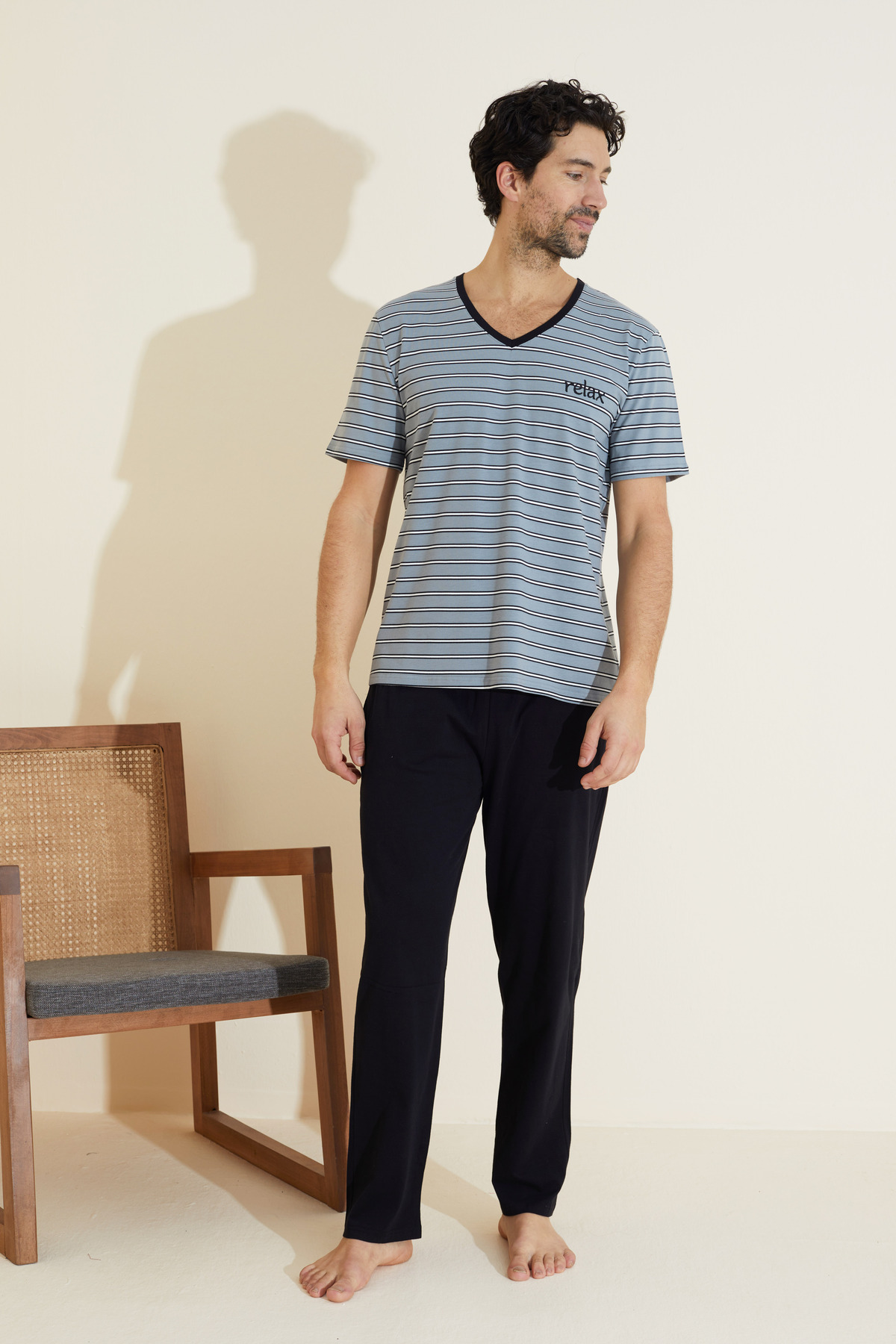 Siyah İnci  gri desenli Bisiklet Yaka Örme Pijama Takım 25109836 - Görsel 2