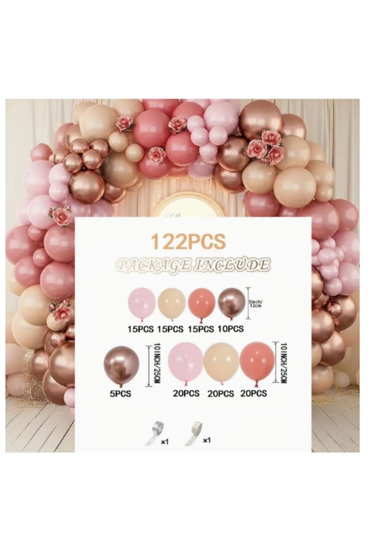 SHOPBY 122 Parça Retro Pembe Gül Altın Balon Süsleme Seti