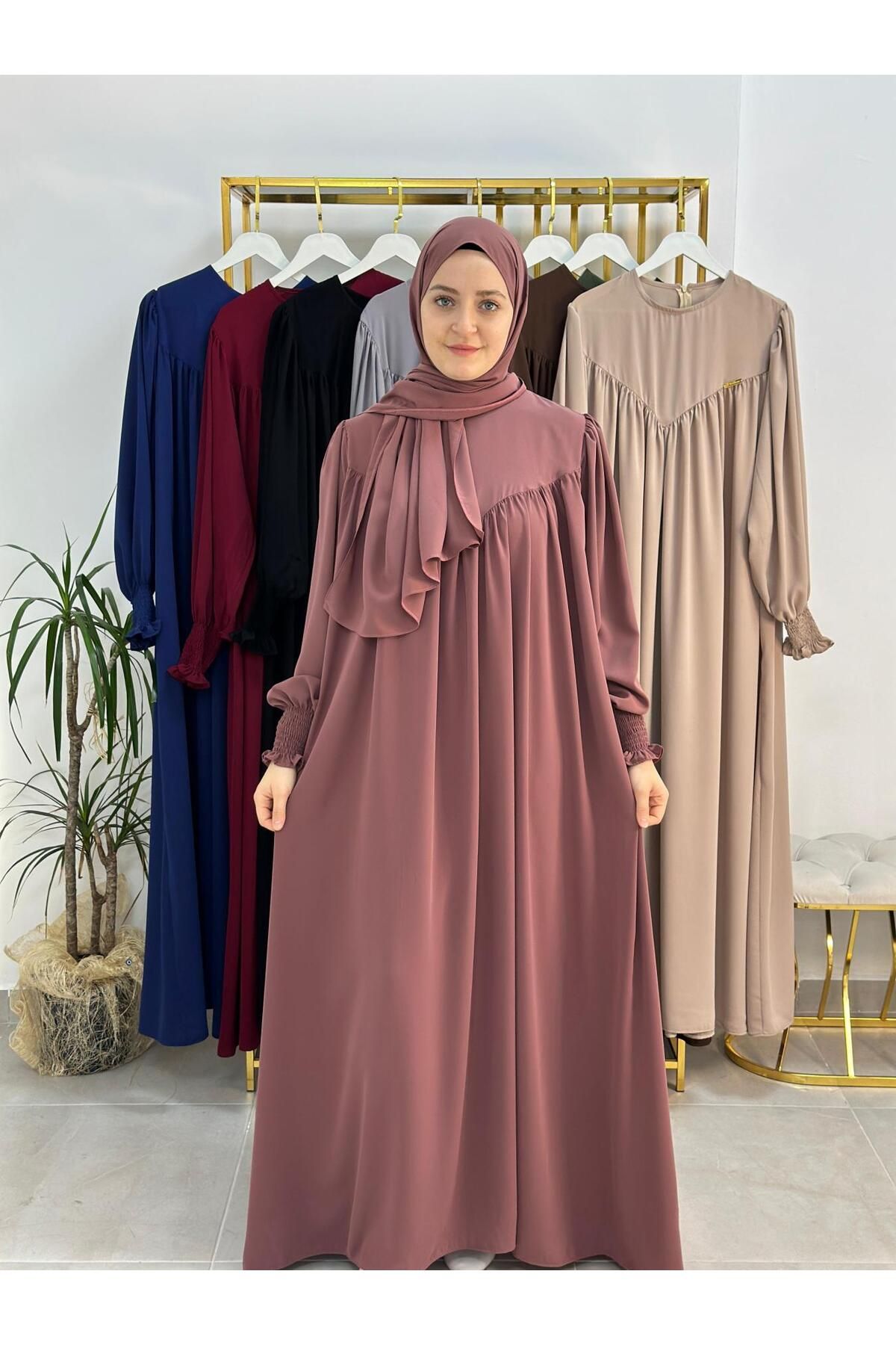erasra class sallı ,önü V model büzgülü tesettür elbise takım ,ferrace,abaya, hicab,hac ve umre için uygun gül