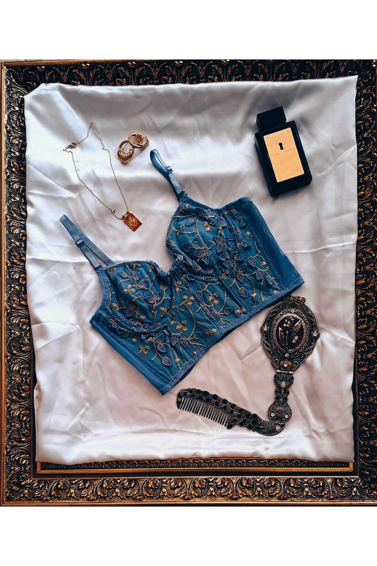 ALEİDANIN KOLEKSYONU Büstiyer korse Saten Crop Mavi Vintage Retro