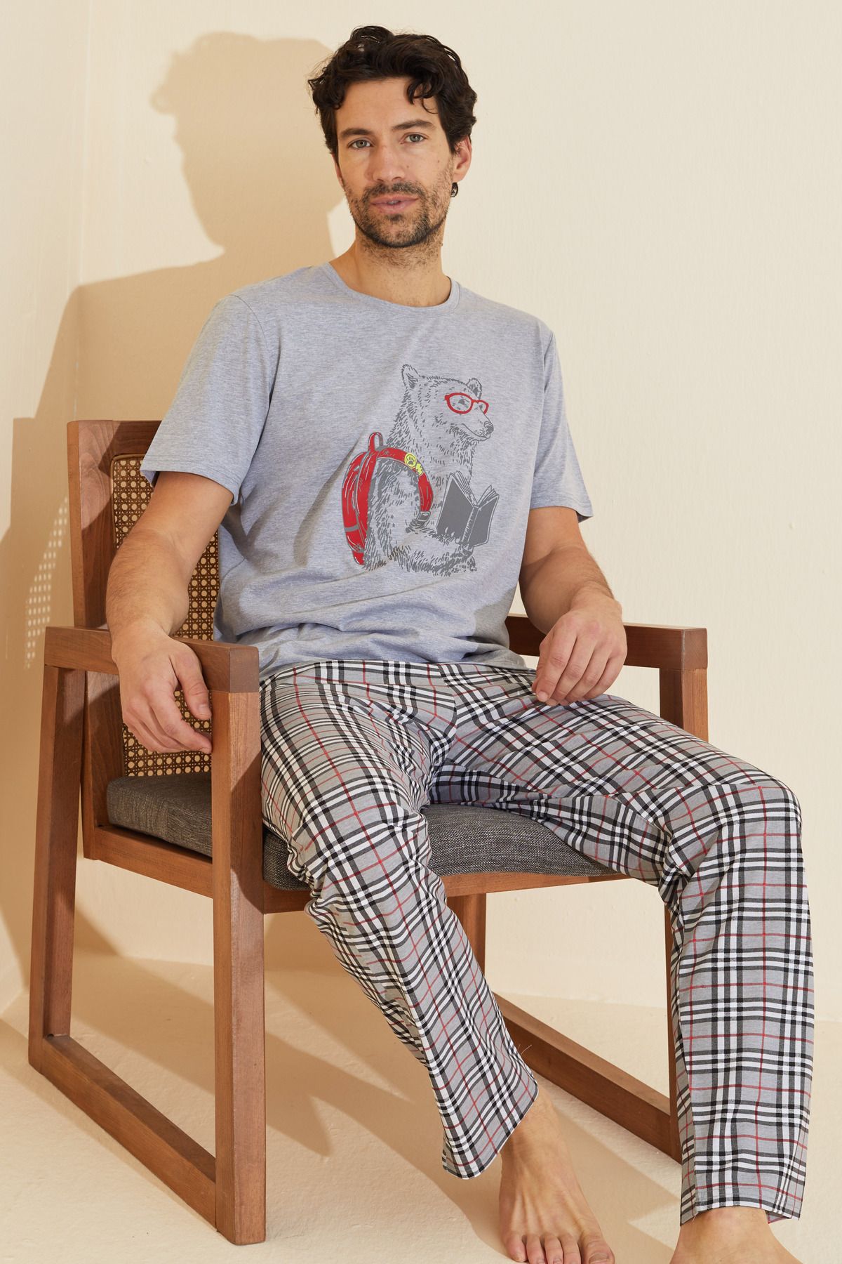 Siyah İnci gri desenli Bisiklet Yaka Örme Pijama Takım 25109832