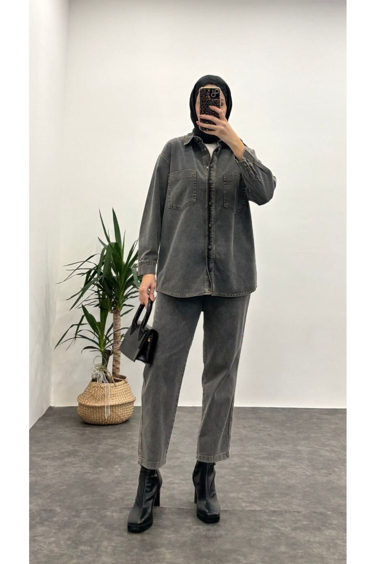 Suede Style 9141 - Şık Rahat Cep Detaylı Kadın Kot Pantolon Gömlek Takımı