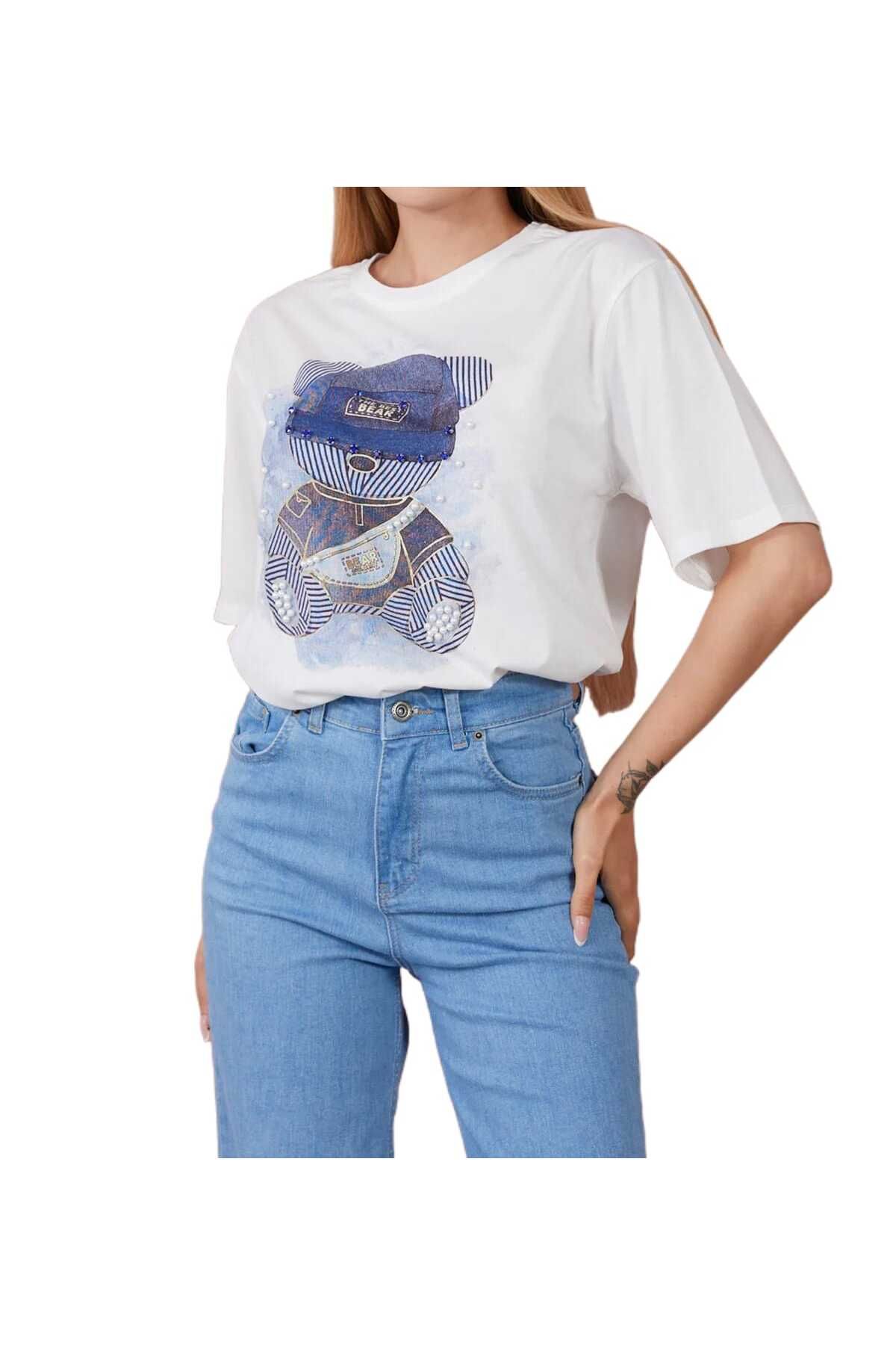 latal Beyaz Renk Taşlı Kadın T-shirt