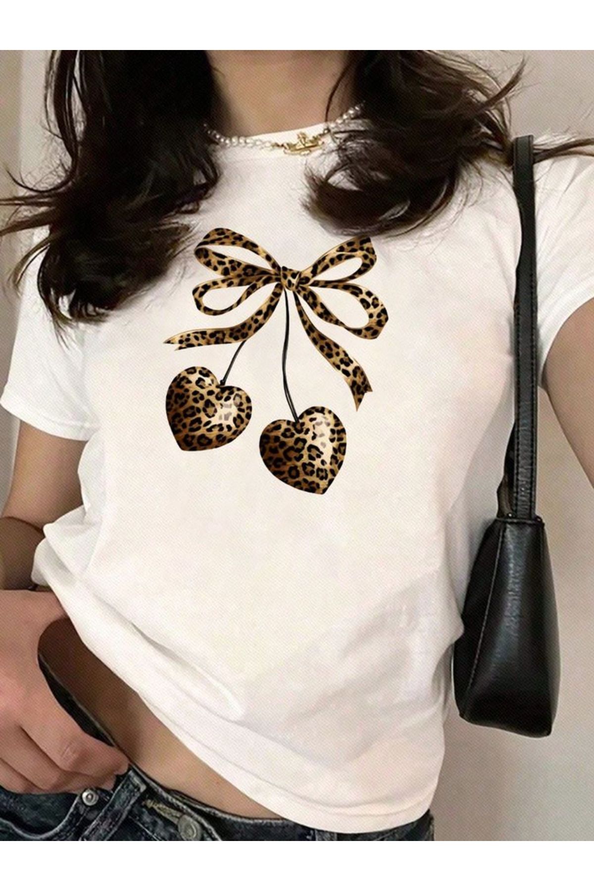 aynewmoda Leopar ve kiraz desenli tişört, günlük giyim, yuvarlak yaka, kısa kollu