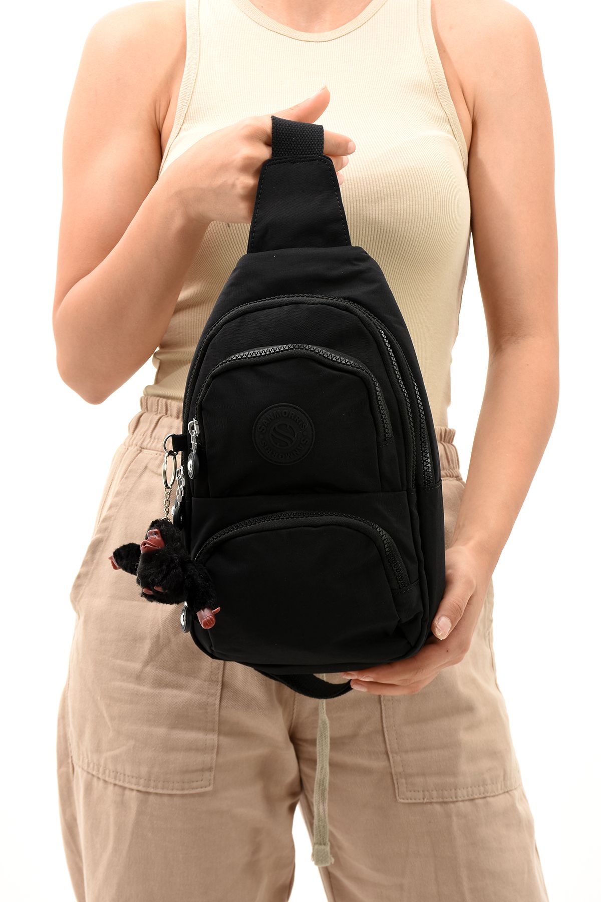 Sanmorris 3018 Unisex Kırinkıl Kumaş Siyah Renkli Suya Dayanıklı Çapraz Askılı Omuz Ve Göğüs Çantası Siyah