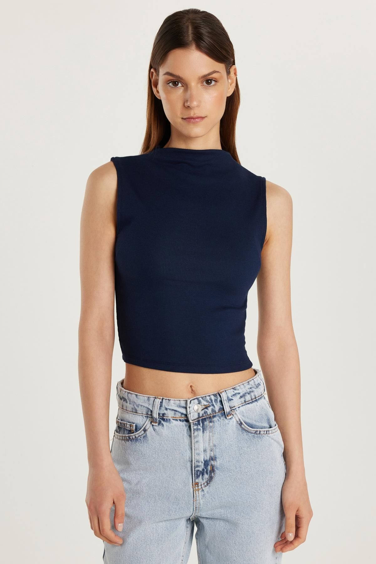 Tudors Kadın Slim Fit Dar Kesim Sıfır Kol Fitilli Modal Kumaş Lacivert Bluz