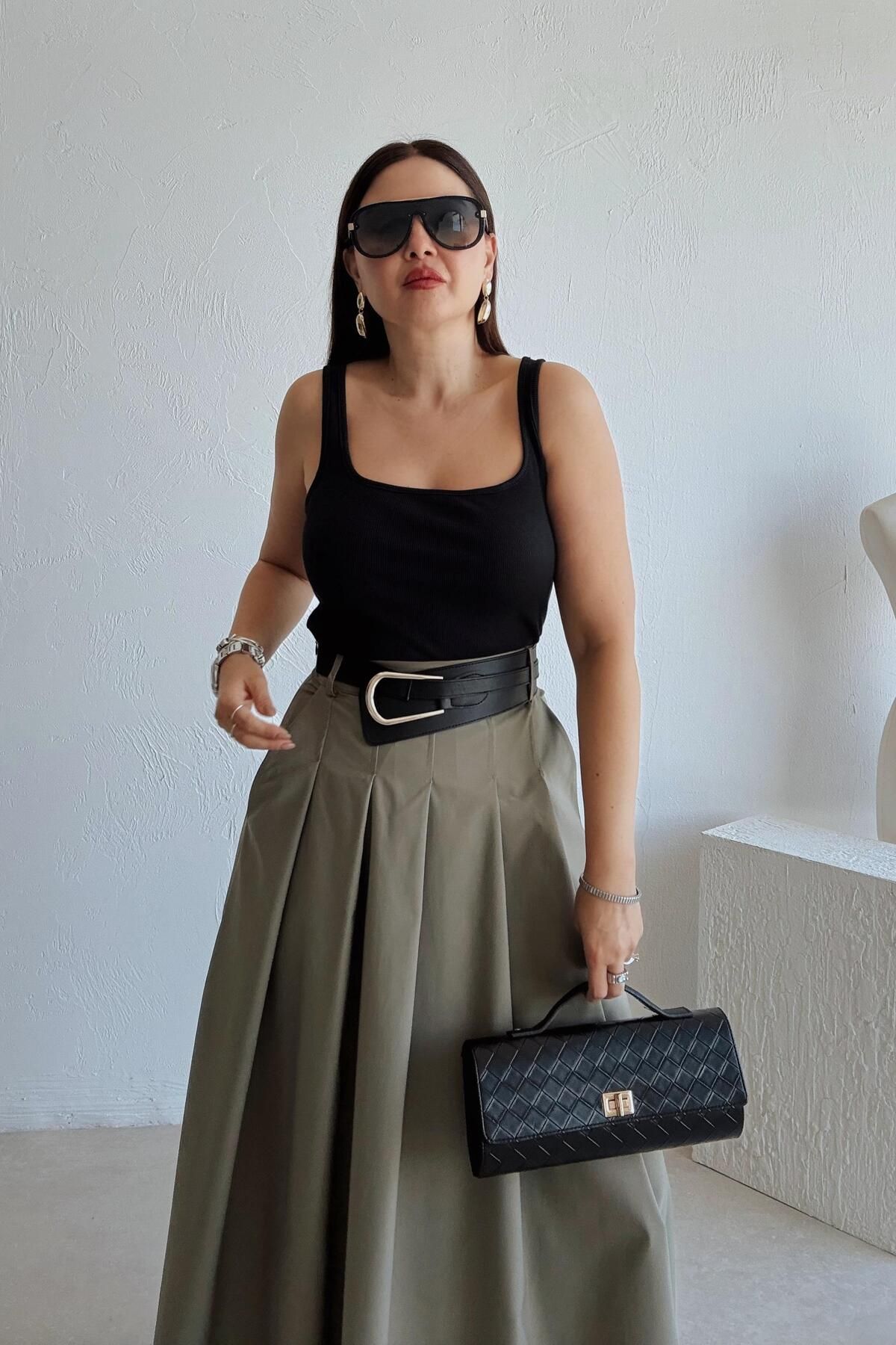ELVAN TOLON Kemerli Haki Midi Etek