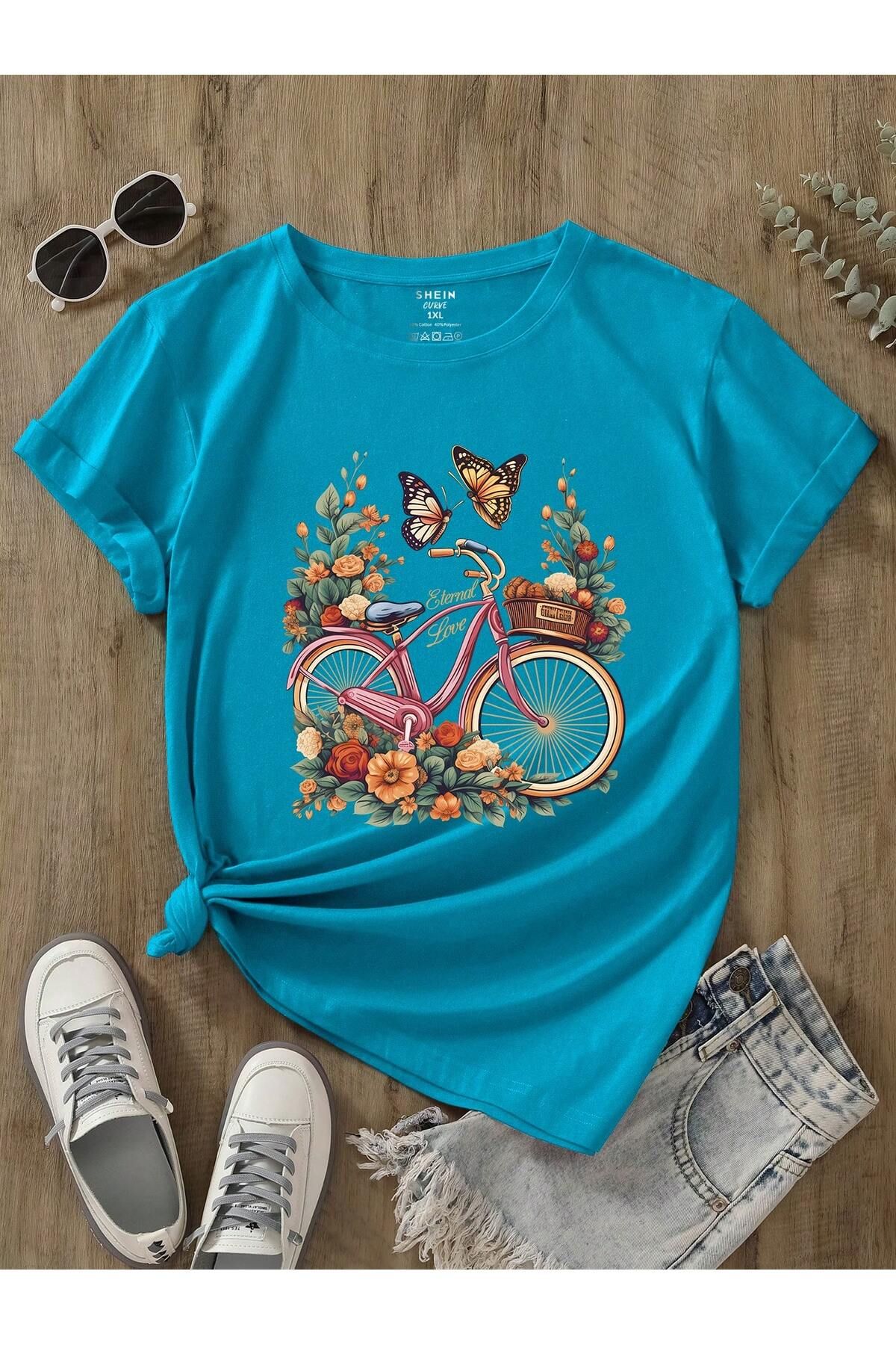 aynewmoda Büyük Beden Çiçekli Kelebek Baskılı Yaz Bisiklet Tişörtü