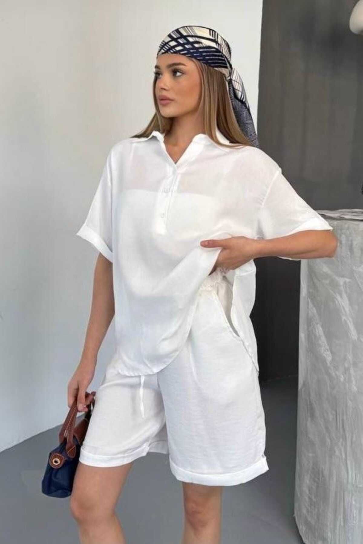 bb butik basic Kolay Ütü Sofia Keten Şortlu Takım SF3096
