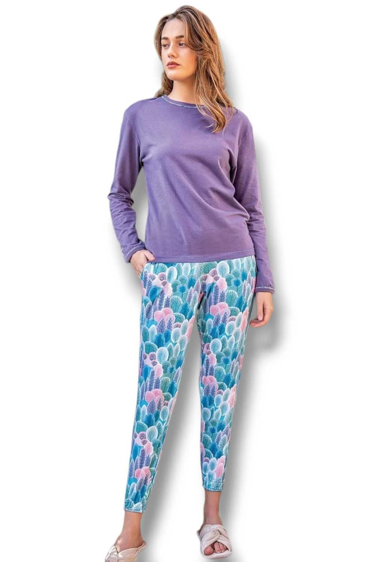 Jiber Kadın Uzun kollu Lila Pamuklu Pijama Takımı