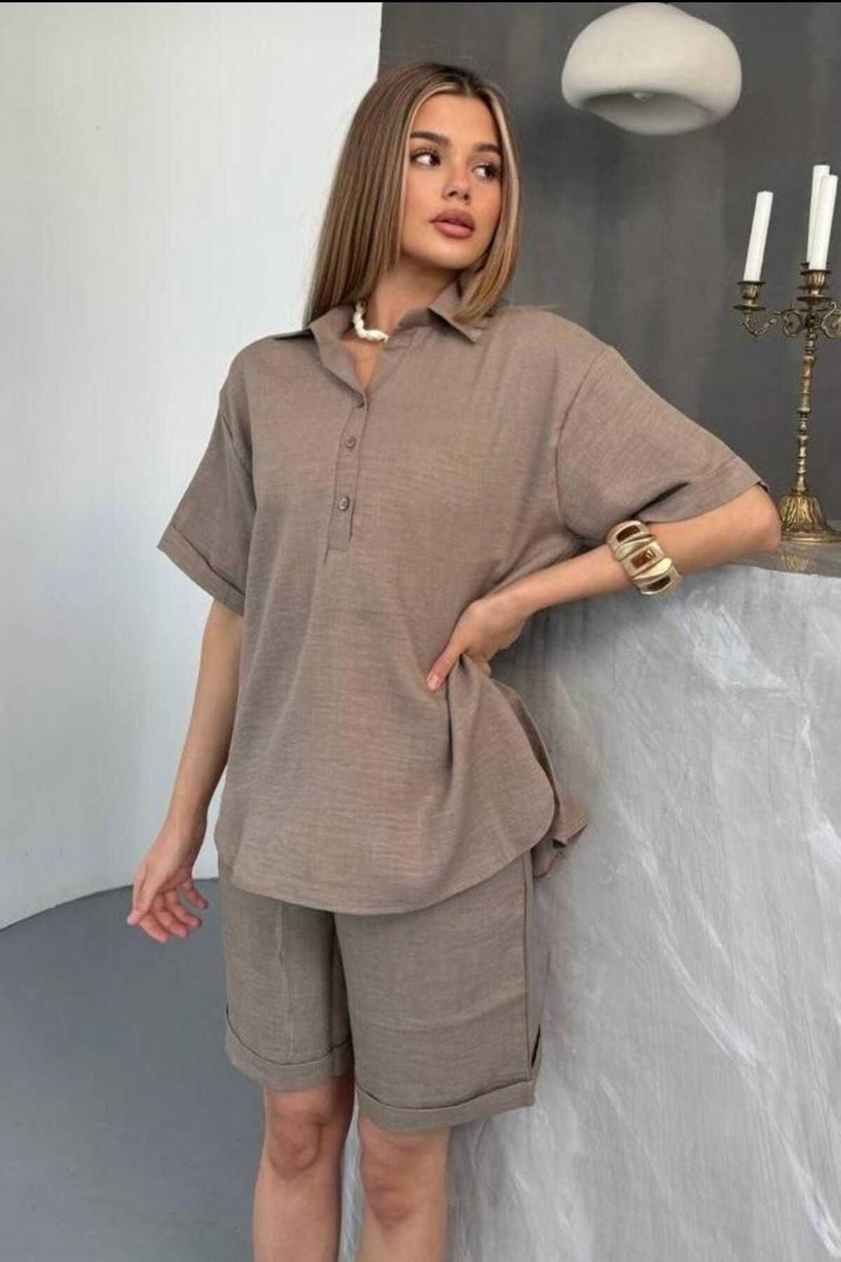 bb butik basic Kolay Ütü Sofia Keten Şortlu Takım SF3096