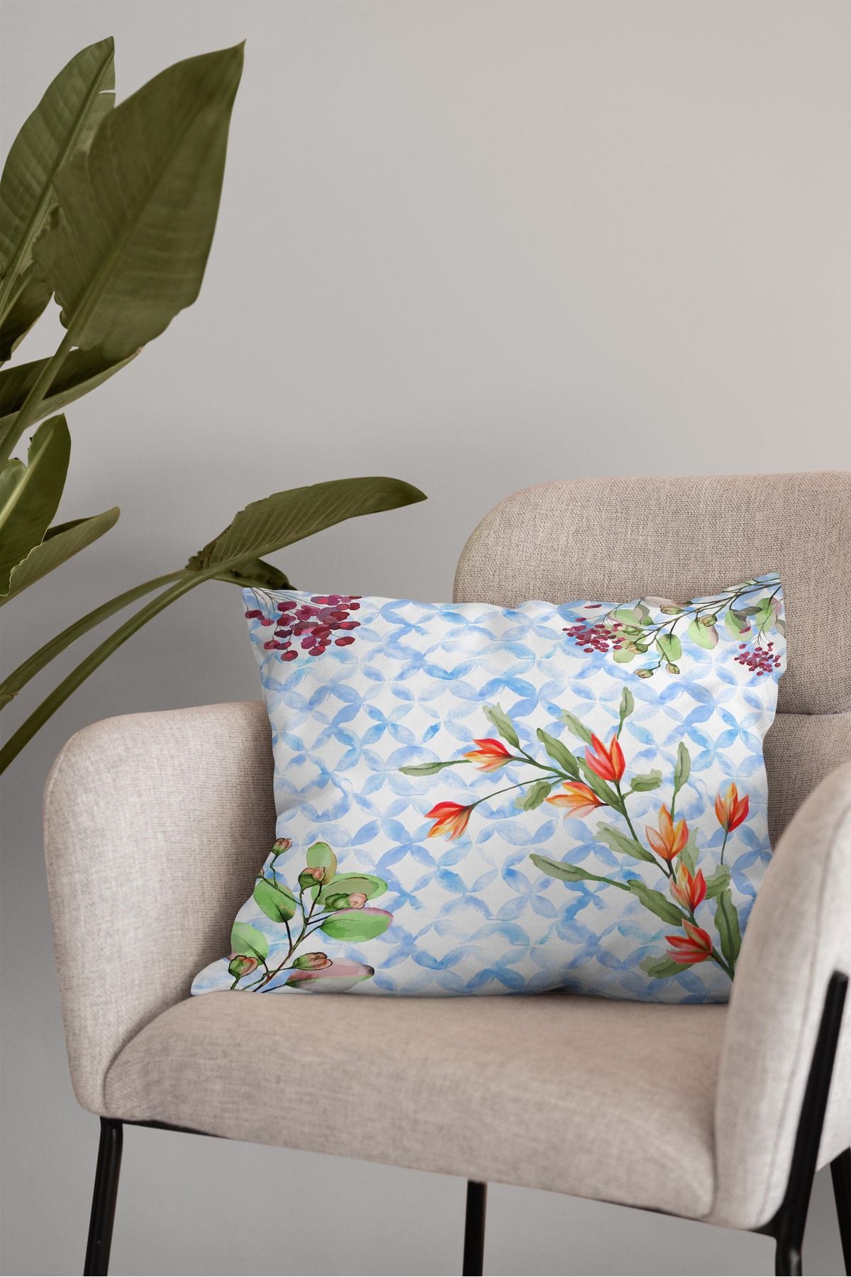 Home Seray Home Çiçekli Mavi Desenli Çift Tarafı Desenli Kırlent Kılıfı