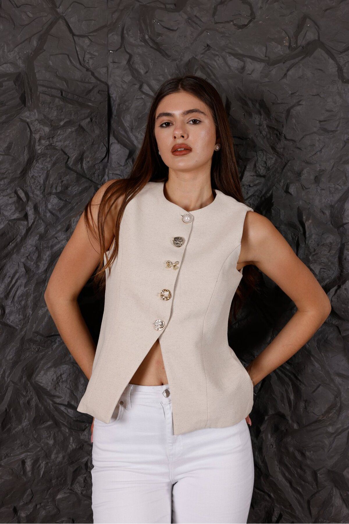 Pulli Collection %100 Keten Düğme Detaylı Yelek