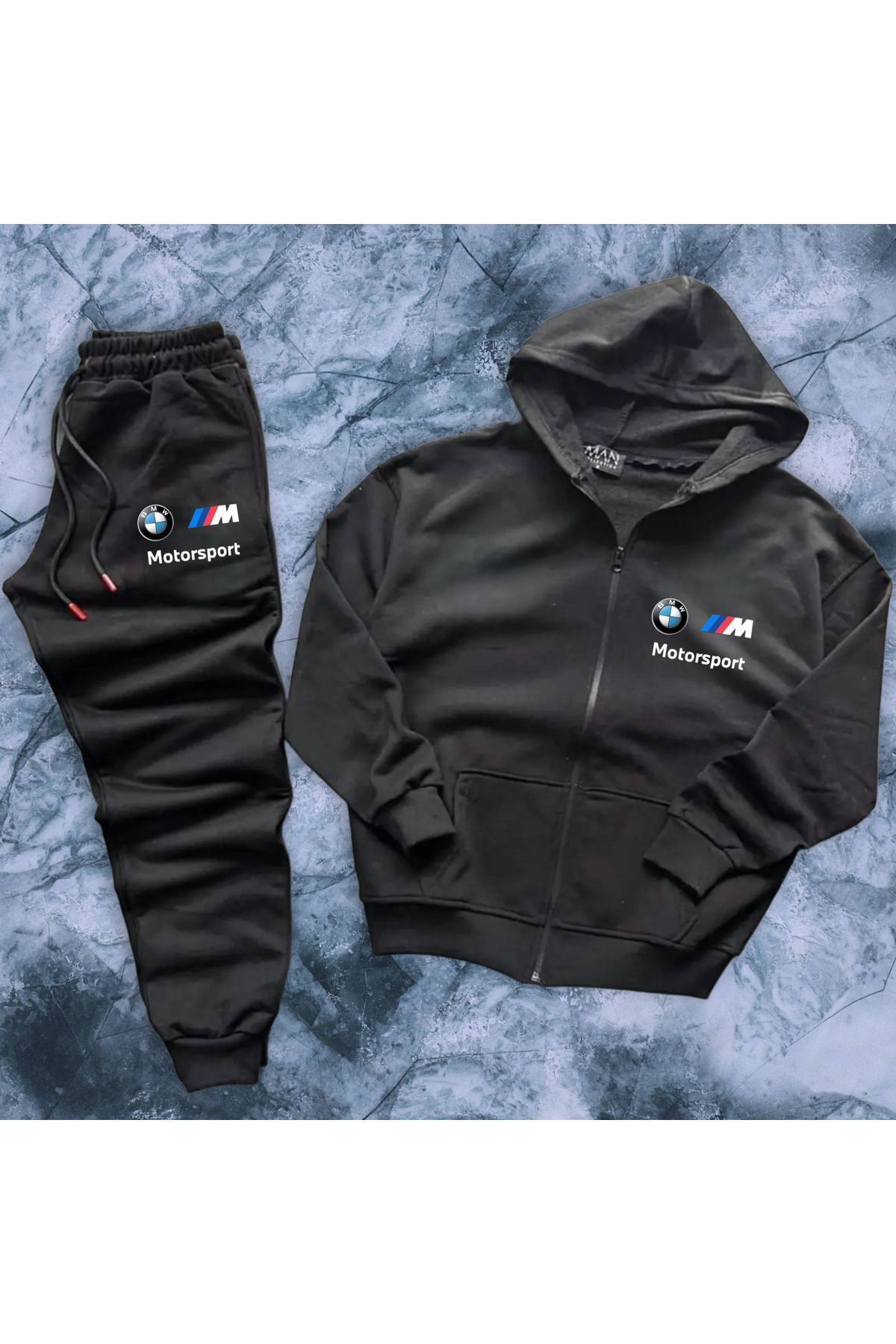 NEW TRENDY COLLECTİON Kapüşonlu boydan fermuarlı BMW motorsport görsel baskılı eşofman takımı