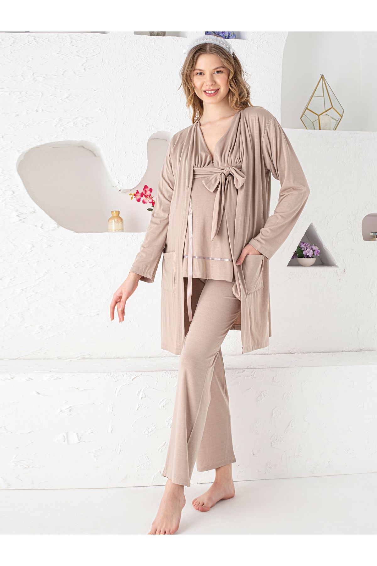 JENİKA Kadın Hamile Kruvaze Yaka Kuşak ve Cep Detaylı 3 lü Pijama Takımı