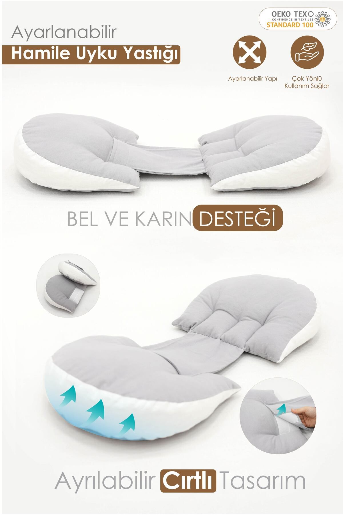 mordesign Hamile Uyku Yastığı , Emzirme ve Oturma Destek Yastığı Gri