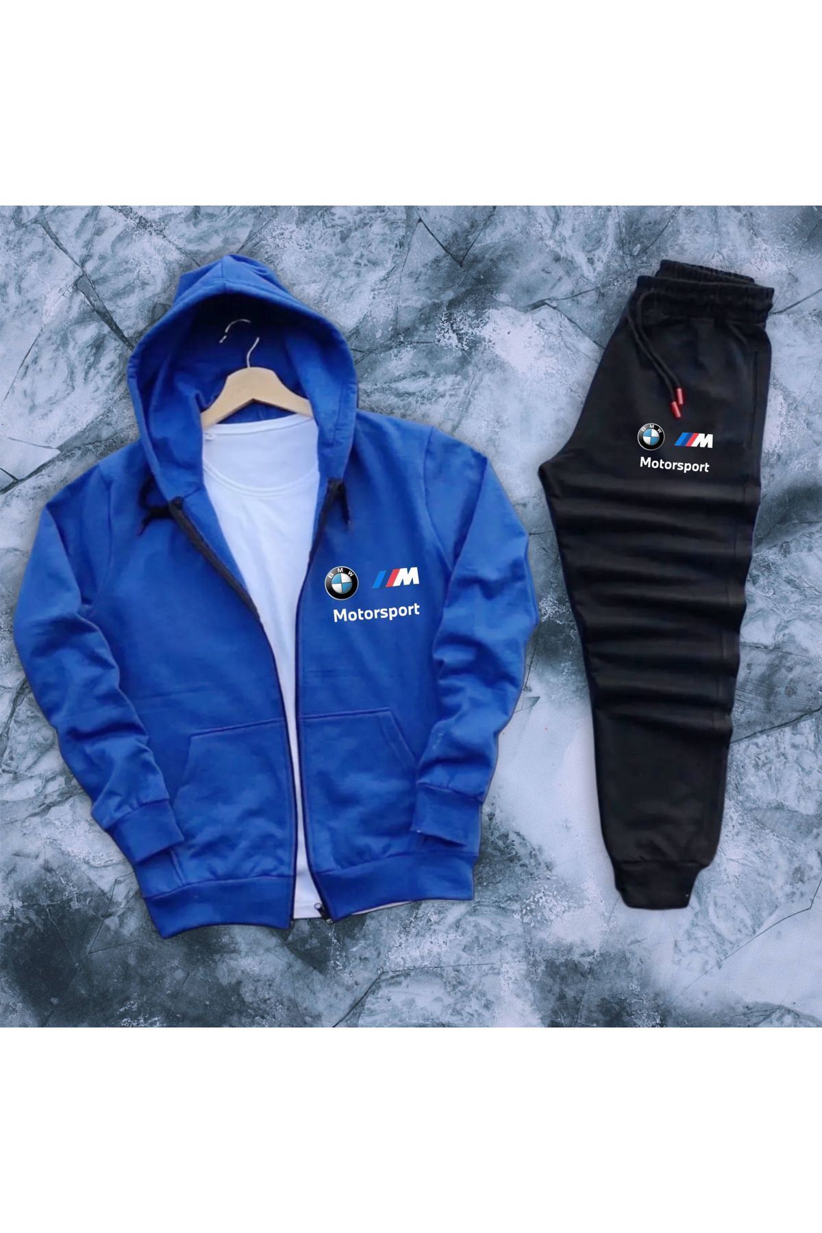 NEW TRENDY COLLECTİON Kapüşonlu boydan fermuarlı BMW motorsport görsel baskılı eşofman takımı